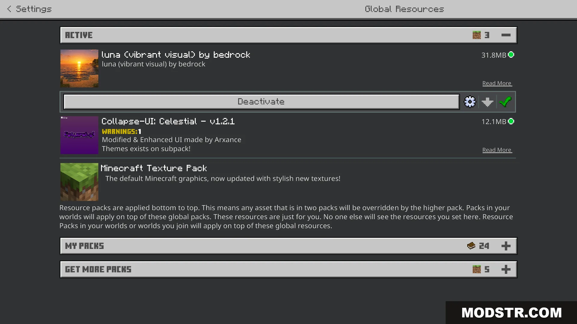 Luna Vibrant Visual Shader Screenshot 1 Settings menu showing active resource packs including Luna Vibrant Visual