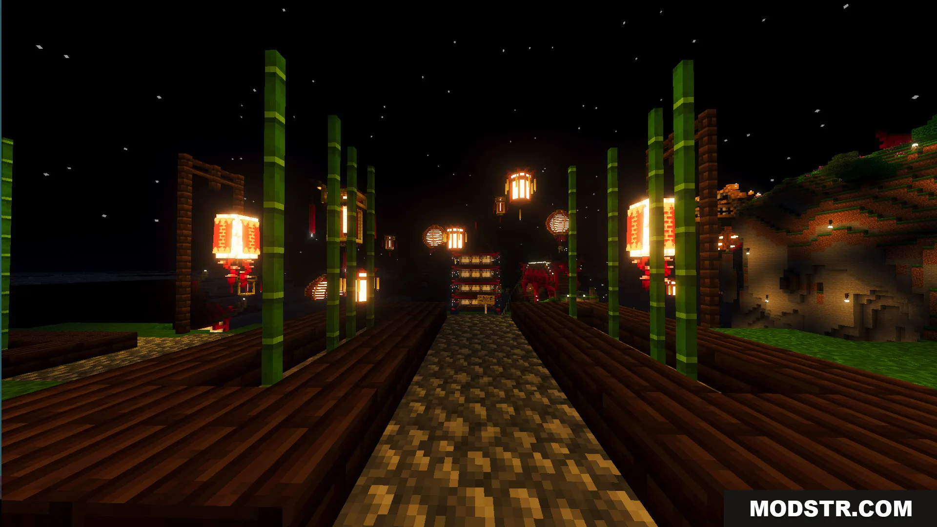 Lunar Festival Hunt Map Screenshot 7 Nighttime path lined with bamboo and glowing lanterns in a festive area