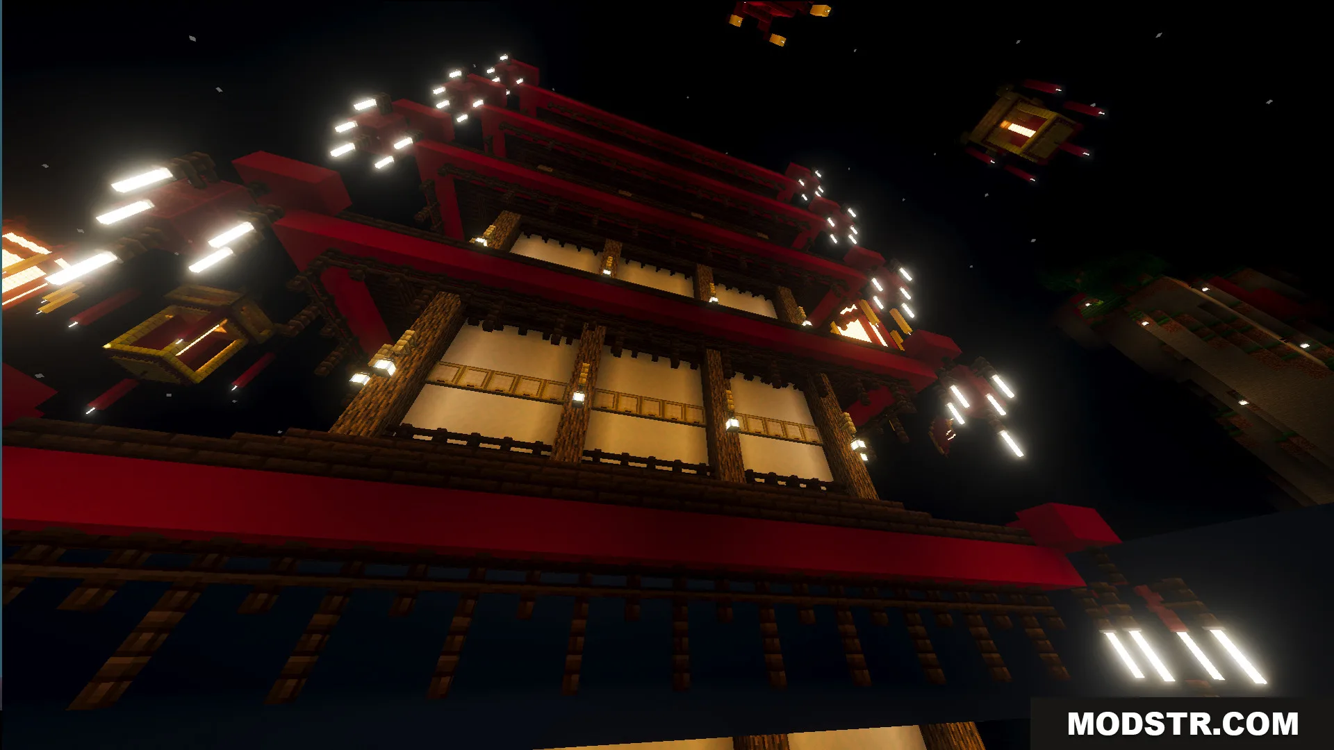 Lunar Festival Hunt Map Screenshot 2 Tall red and white pagoda building illuminated against the night sky