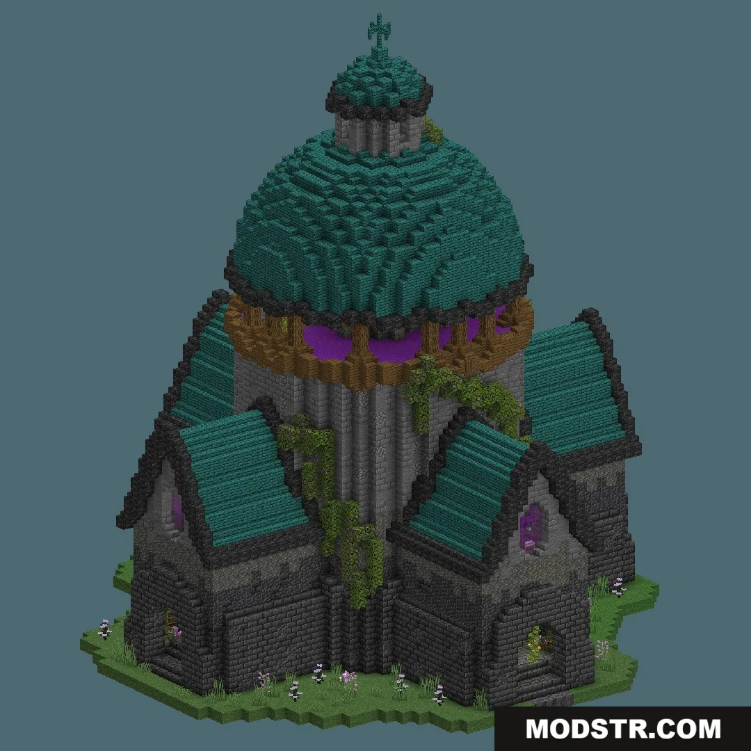 Mages Guild Data Pack Screenshot 1 A large stone Mages Guild building with a teal dome and purple windows