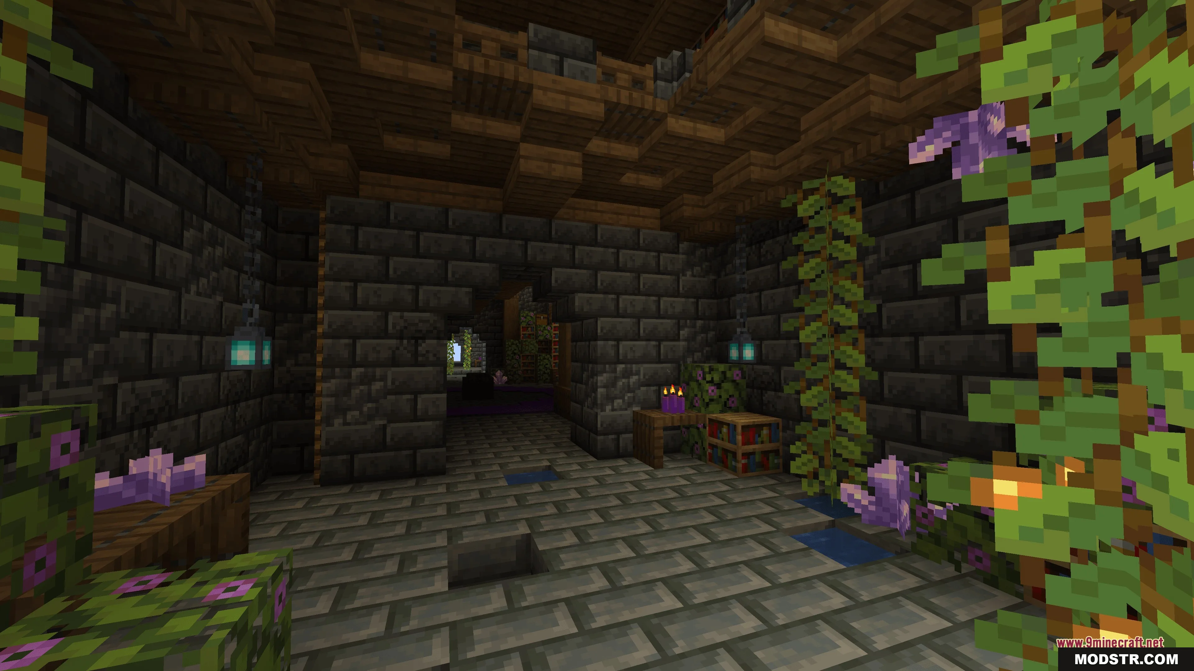 Mages Guild Data Pack Screenshot 2 The interior of a stone building with bookshelves amethyst crystals and lanterns