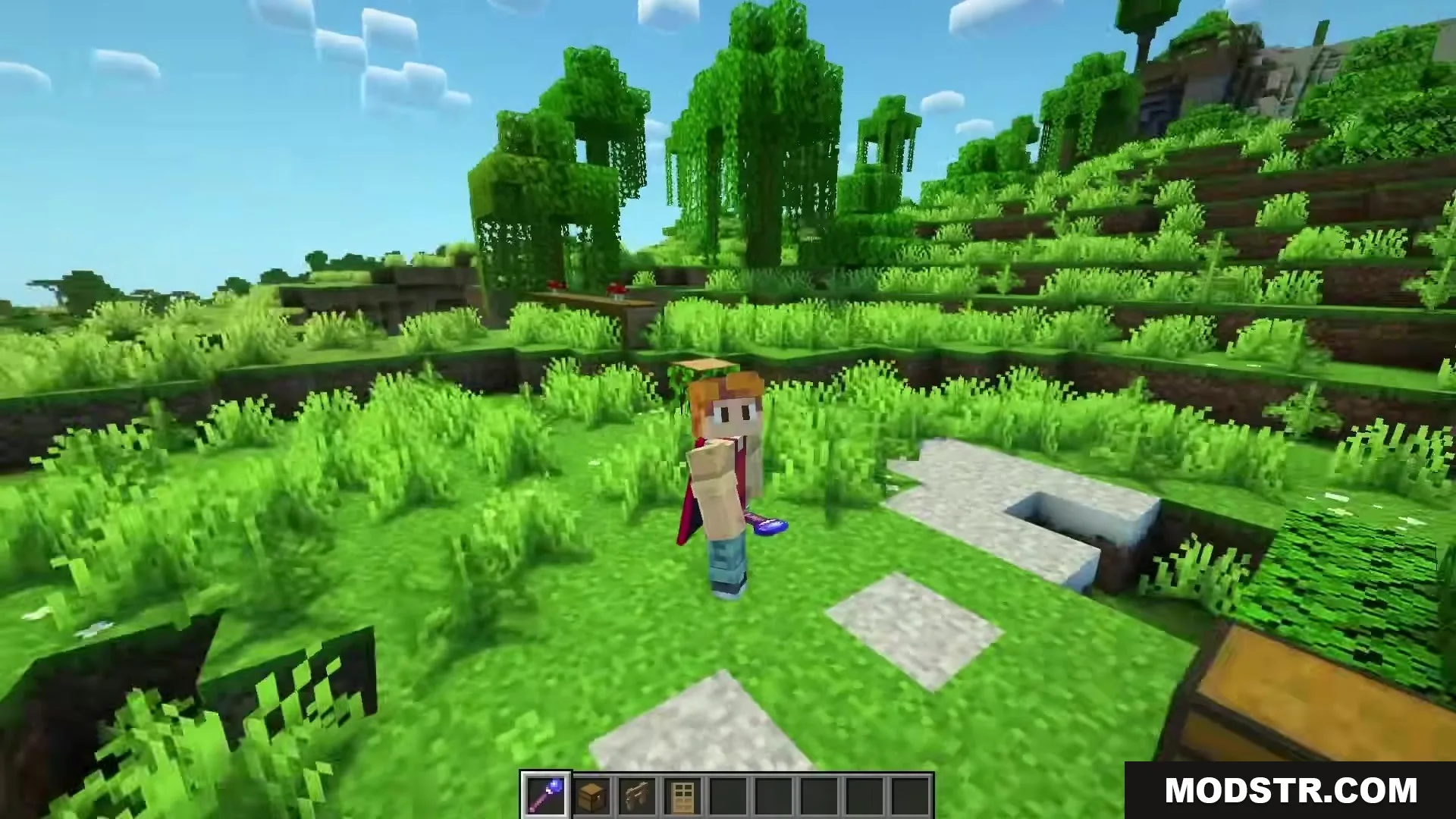 Magical Debug Stick Resource Pack Screenshot 7 A player character holding a glowing purple magic wand in a grassy field
