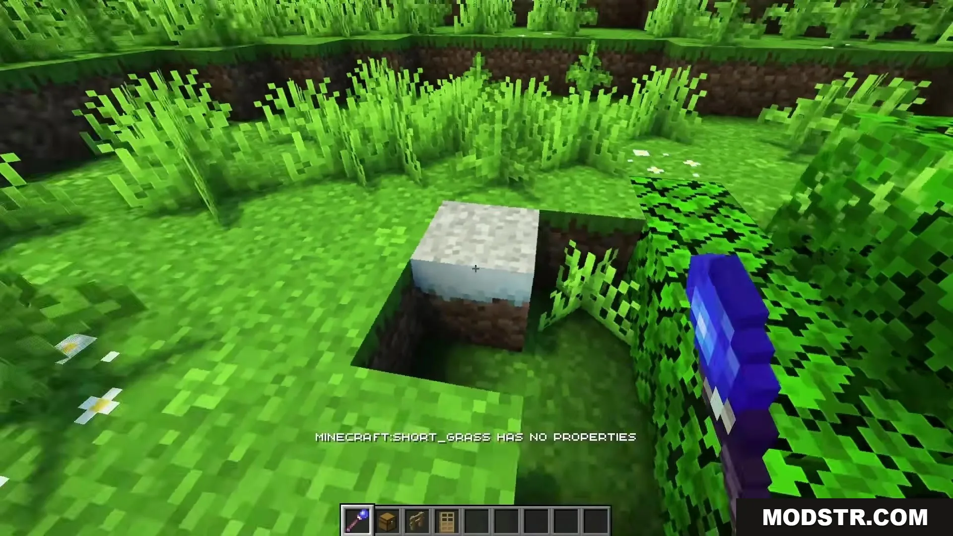 Magical Debug Stick Resource Pack Screenshot 6 Player uses a magical debug stick to check properties of a grass block