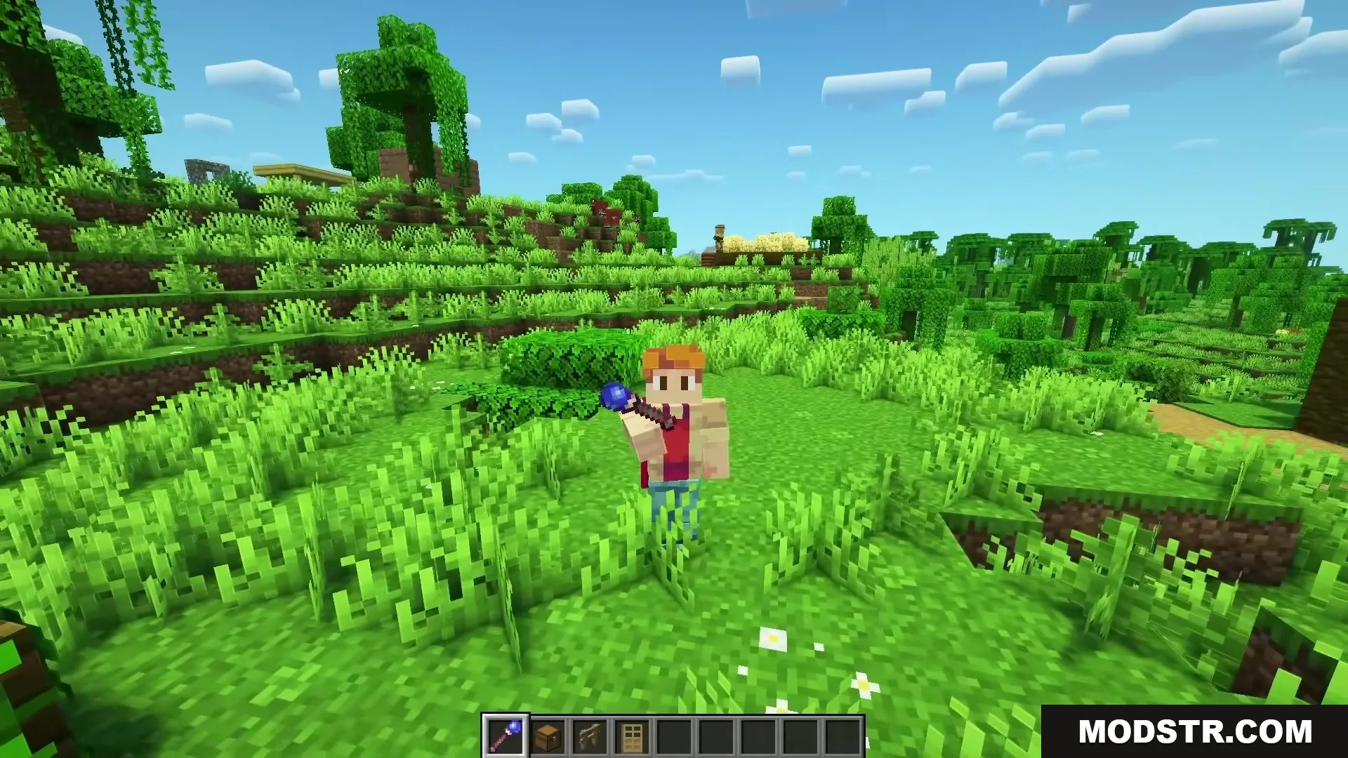 Magical Debug Stick Resource Pack Screenshot 2 A player character holding the Magical Debug Stick wand in a green forest