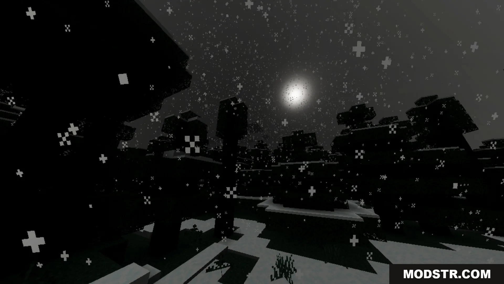 Mahou Vibrant Visual Shader Screenshot 5 Snowflakes falling over a dark Minecraft forest under a bright full moon