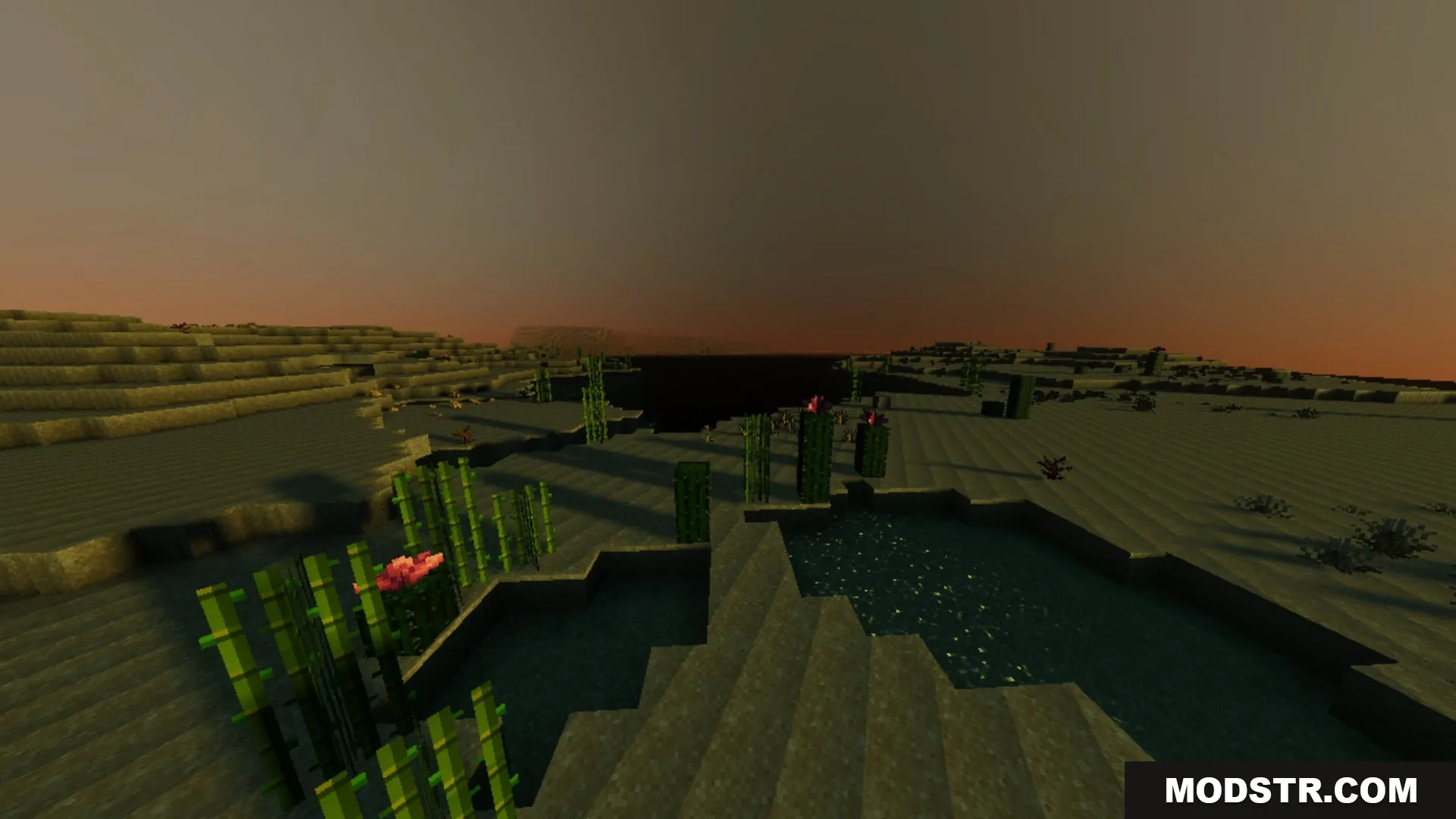 Mahou Vibrant Visual Shader Screenshot 3 Sugar cane and cacti grow in a desert under a hazy sunset sky
