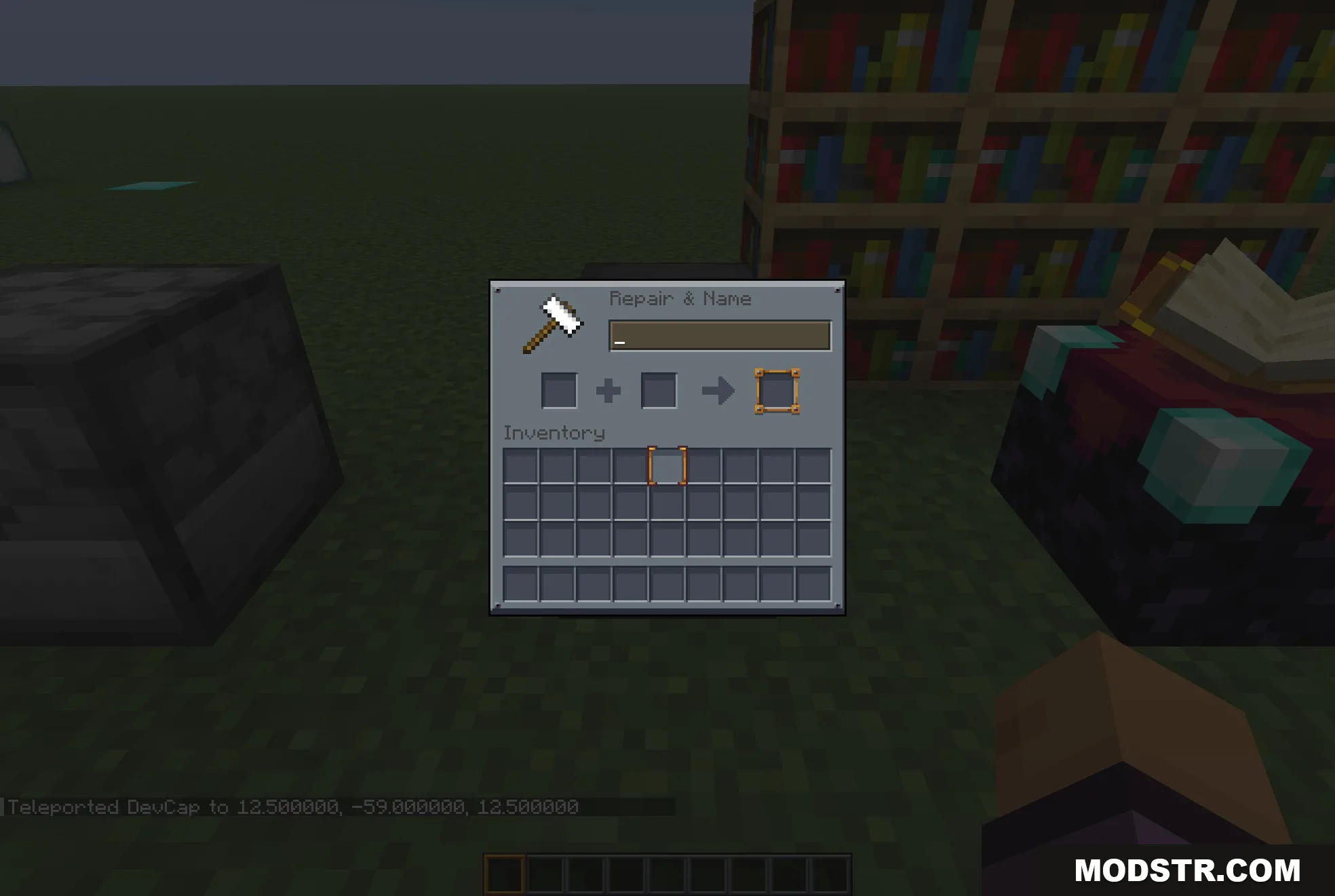 Mandala's GUI Dark Mode 9minecraft Resource Pack Screenshot 7 A dark blue gray anvil interface for repairing and naming items in Minecraft