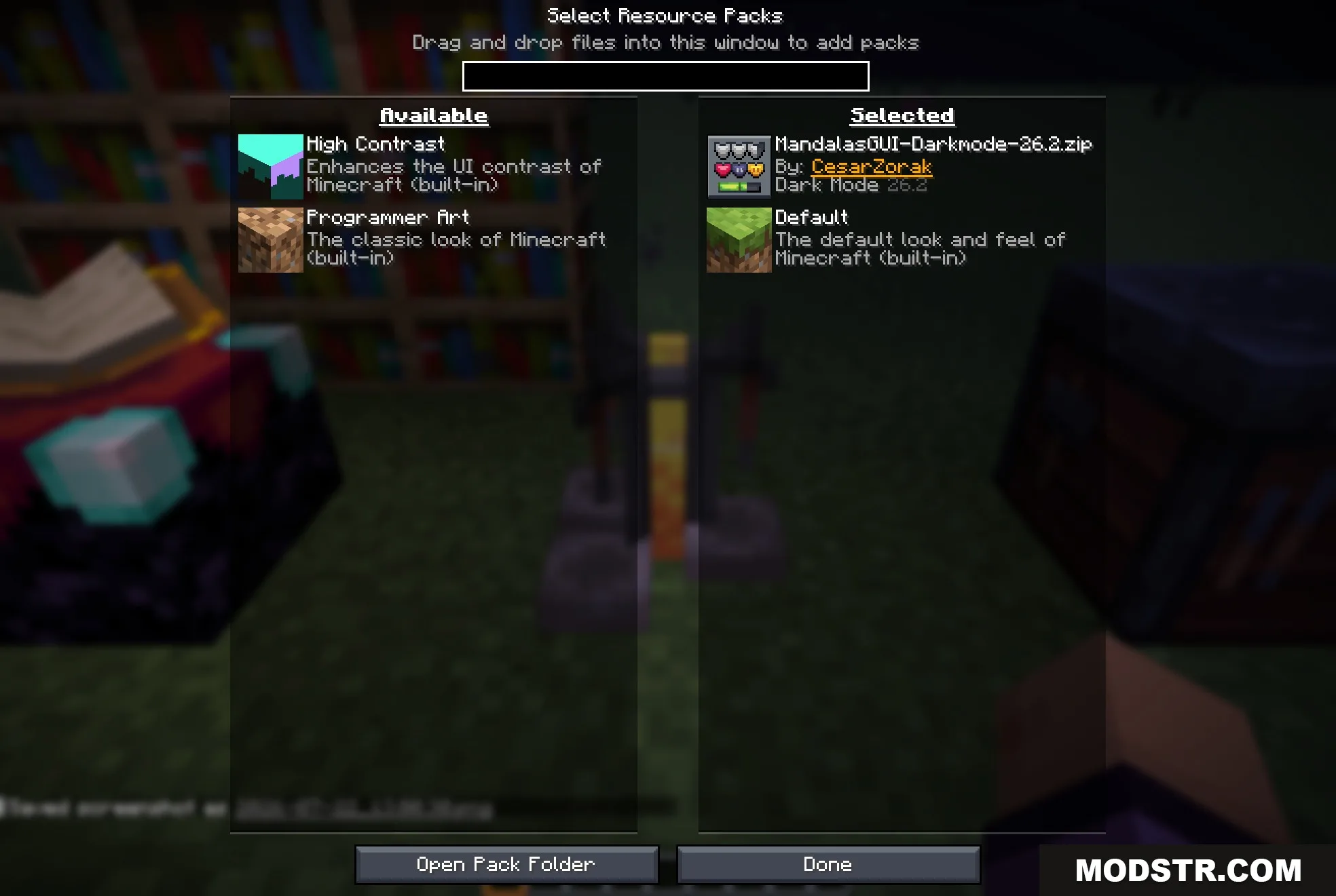 Mandala's GUI Dark Mode 9minecraft Resource Pack Screenshot 1 Selecting a custom dark mode resource pack in the Minecraft settings menu