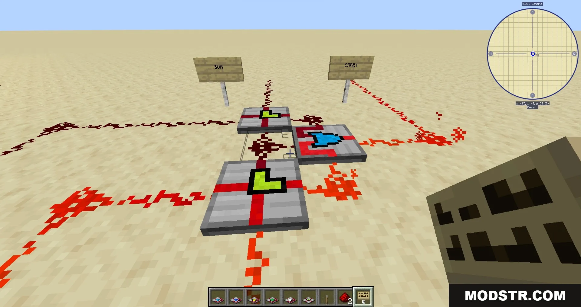 Advanced redstone logic blocks forming a binary adder in a desert biome