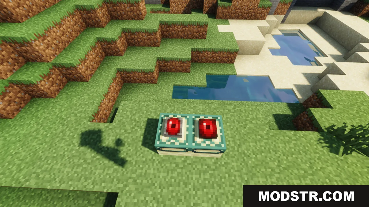 Mechanical Eye Resource Pack Screenshot 10 Two custom end portal frame blocks with mechanical eyes inserted on grass