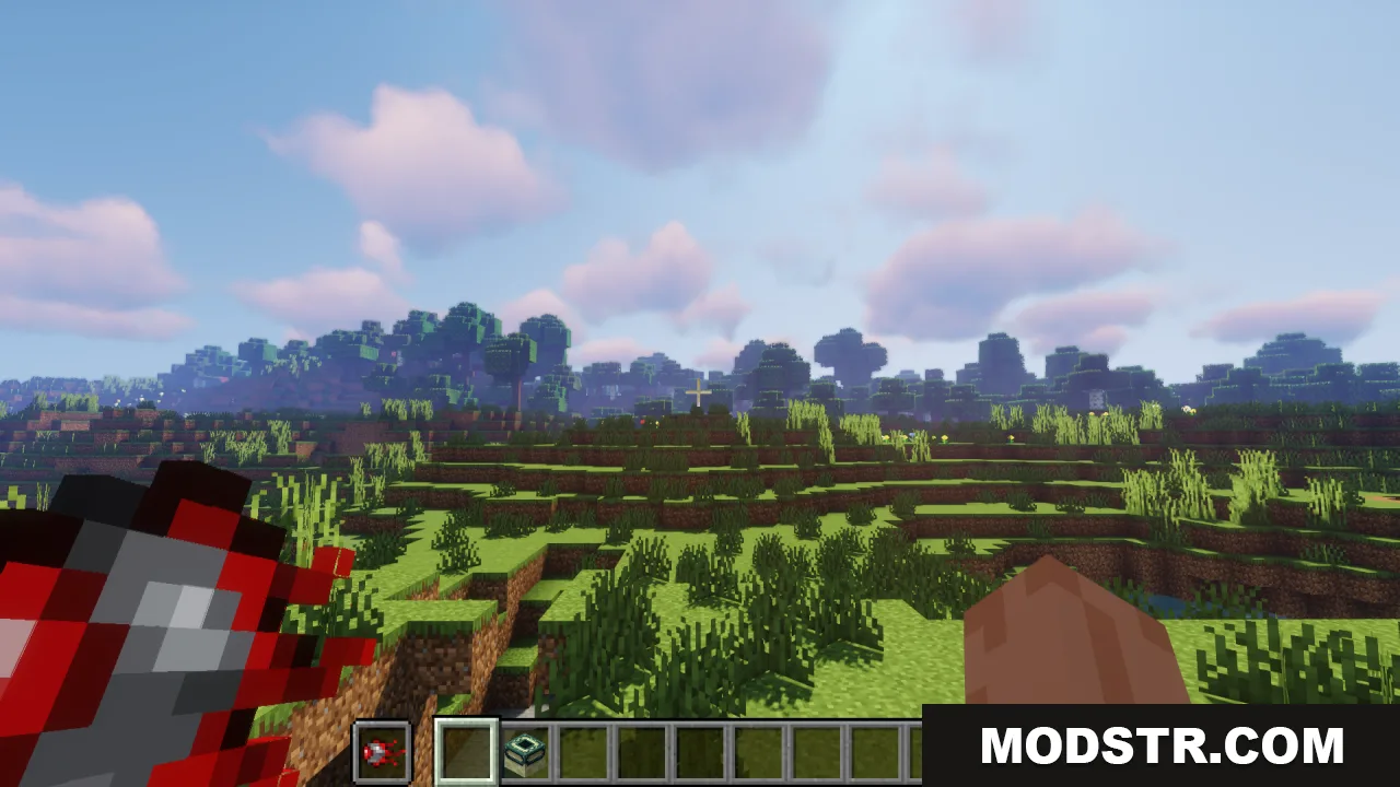 Mechanical Eye Resource Pack Screenshot 5 Player holding the custom mechanical eye item in a grassy landscape