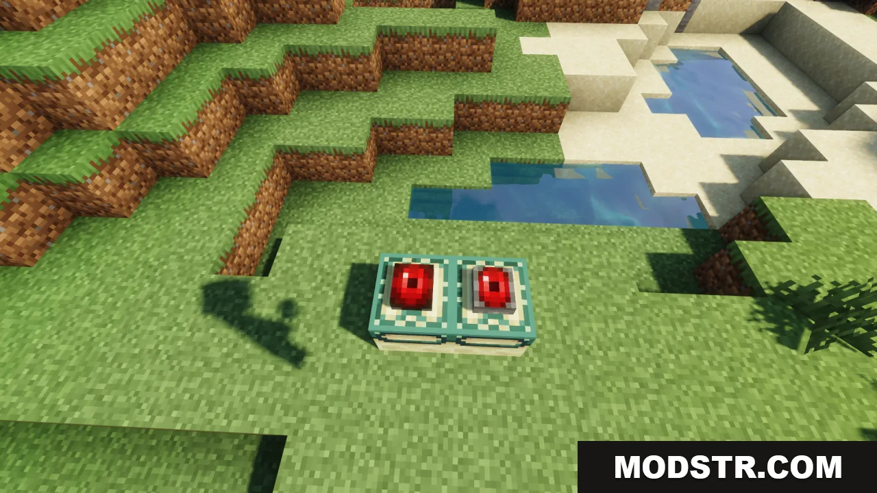 Mechanical Eye Resource Pack Screenshot 1 Custom end portal frames with red mechanical eyes placed on the grass