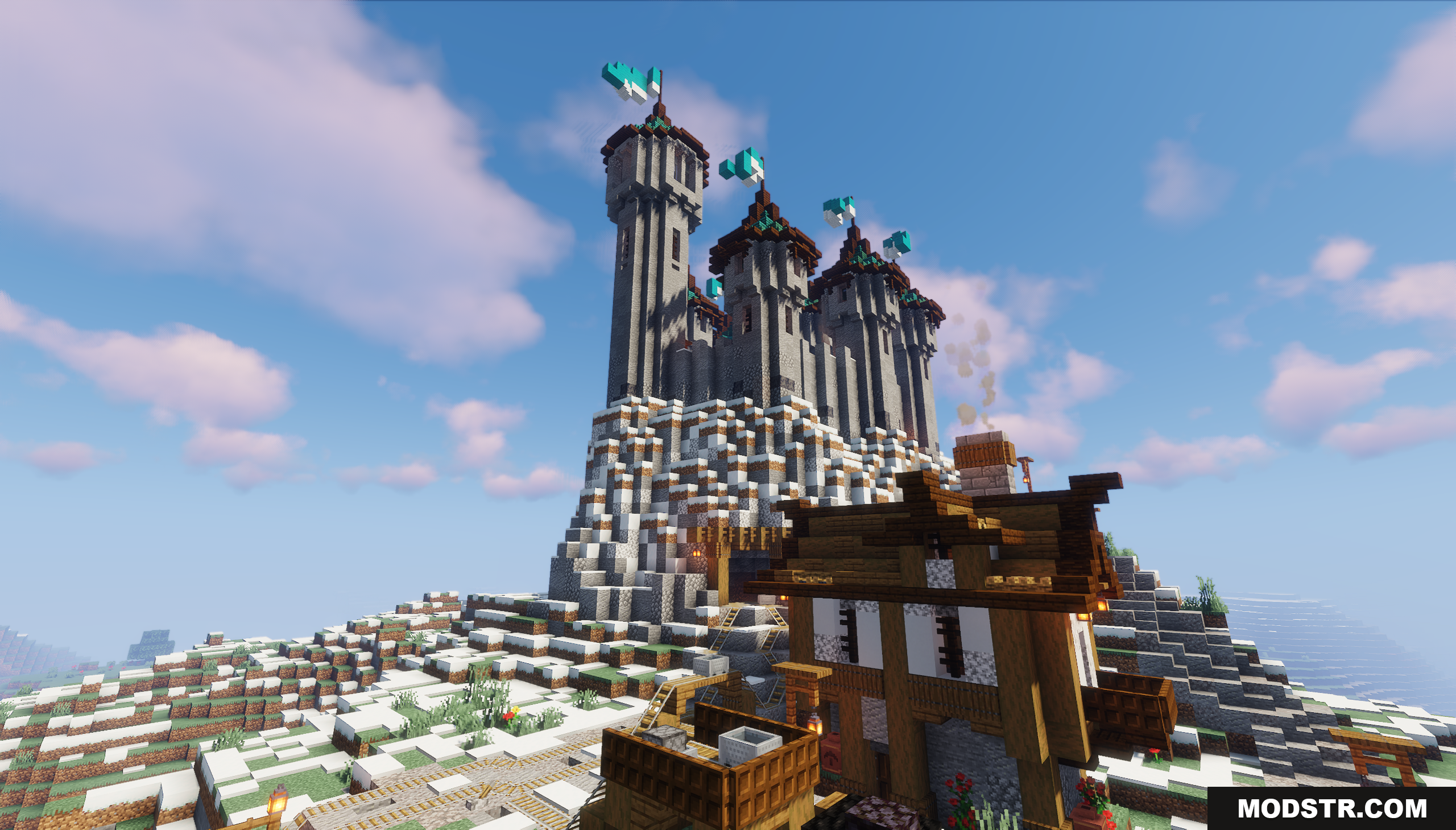 Medieval Fantasy Mountain Castle Map Screenshot 8 Looking up at the tall stone castle from a village house