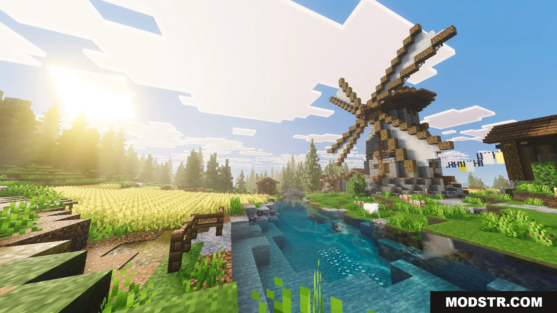 Medieval Village Gendrys Tavern Map Screenshot 4 A tall windmill stands next to a flowing river and wheat fields