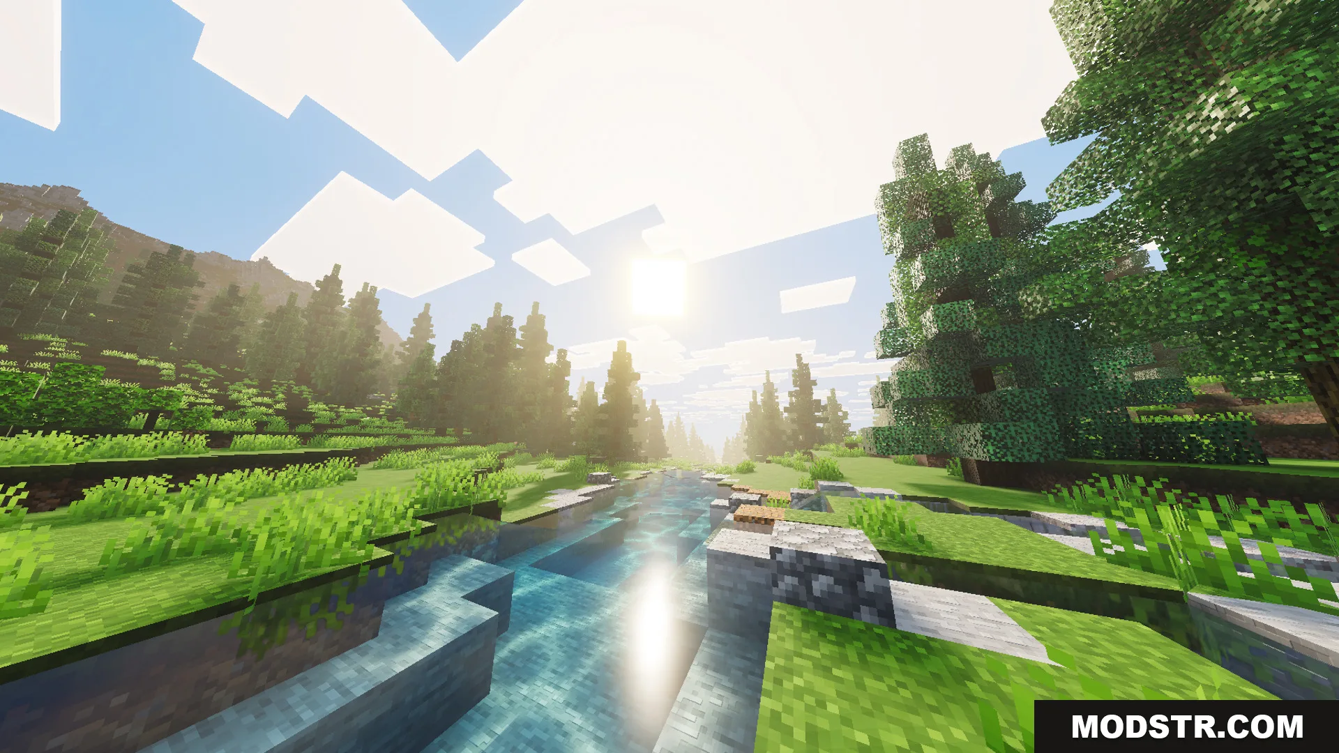 Medieval Village Gendrys Tavern Map Screenshot 9 Sunlight shines over a river flowing through a lush green forest landscape