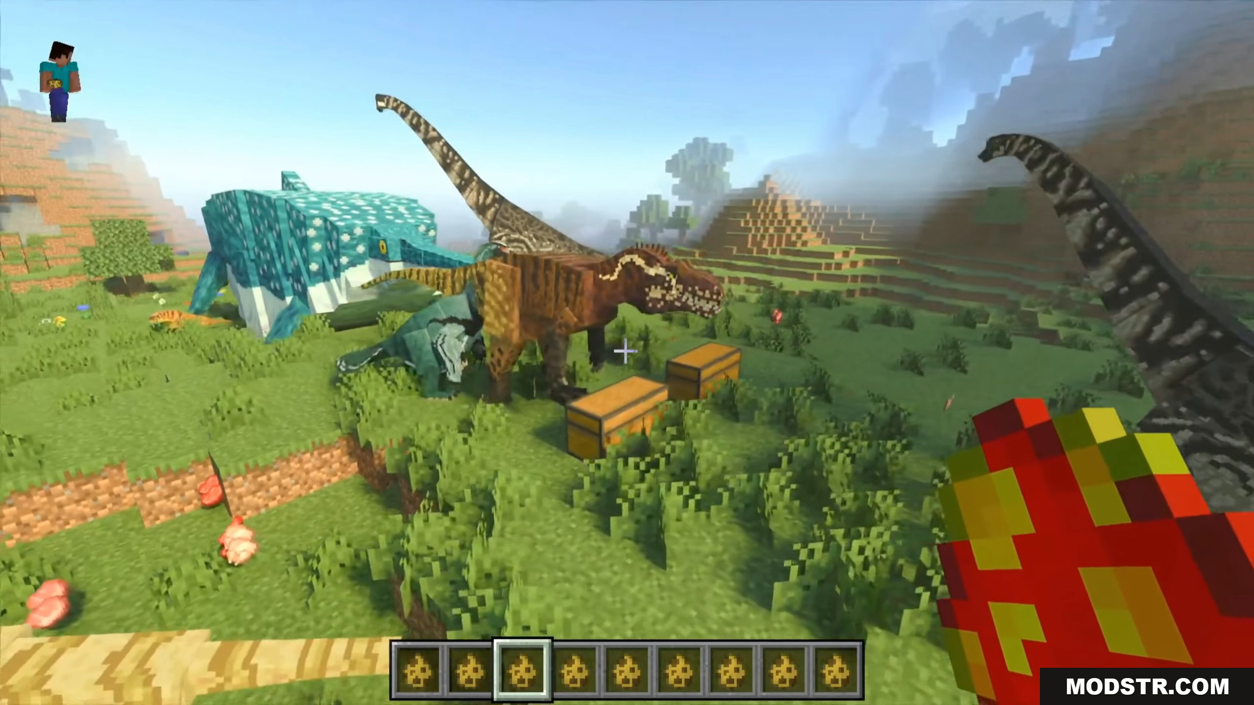 Mesozoic Biology Addon Screenshot 11 Several scientifically accurate prehistoric dinosaur species gathered near wooden chests