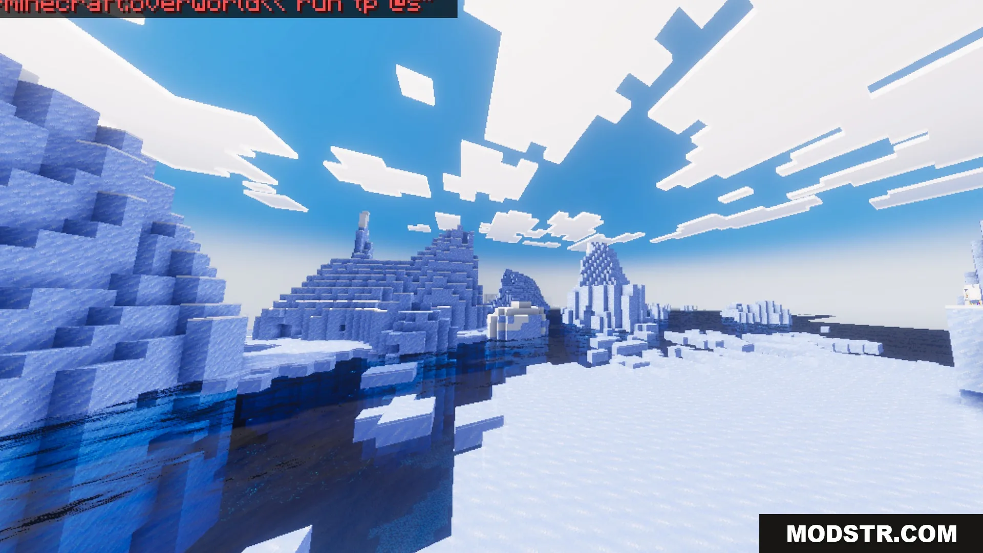Mike's Chroma Visuals Shader Screenshot 3 Vibrant icebergs and clear blue water in a frozen Minecraft ocean biome
