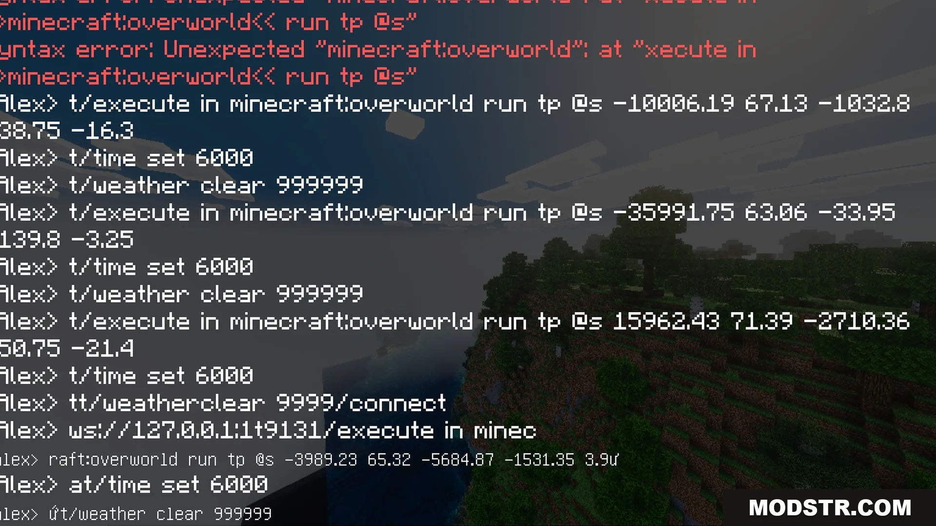 Mike's Chroma Visuals Shader Screenshot 7 Minecraft chat screen showing teleportation commands over a vibrant green forest biome