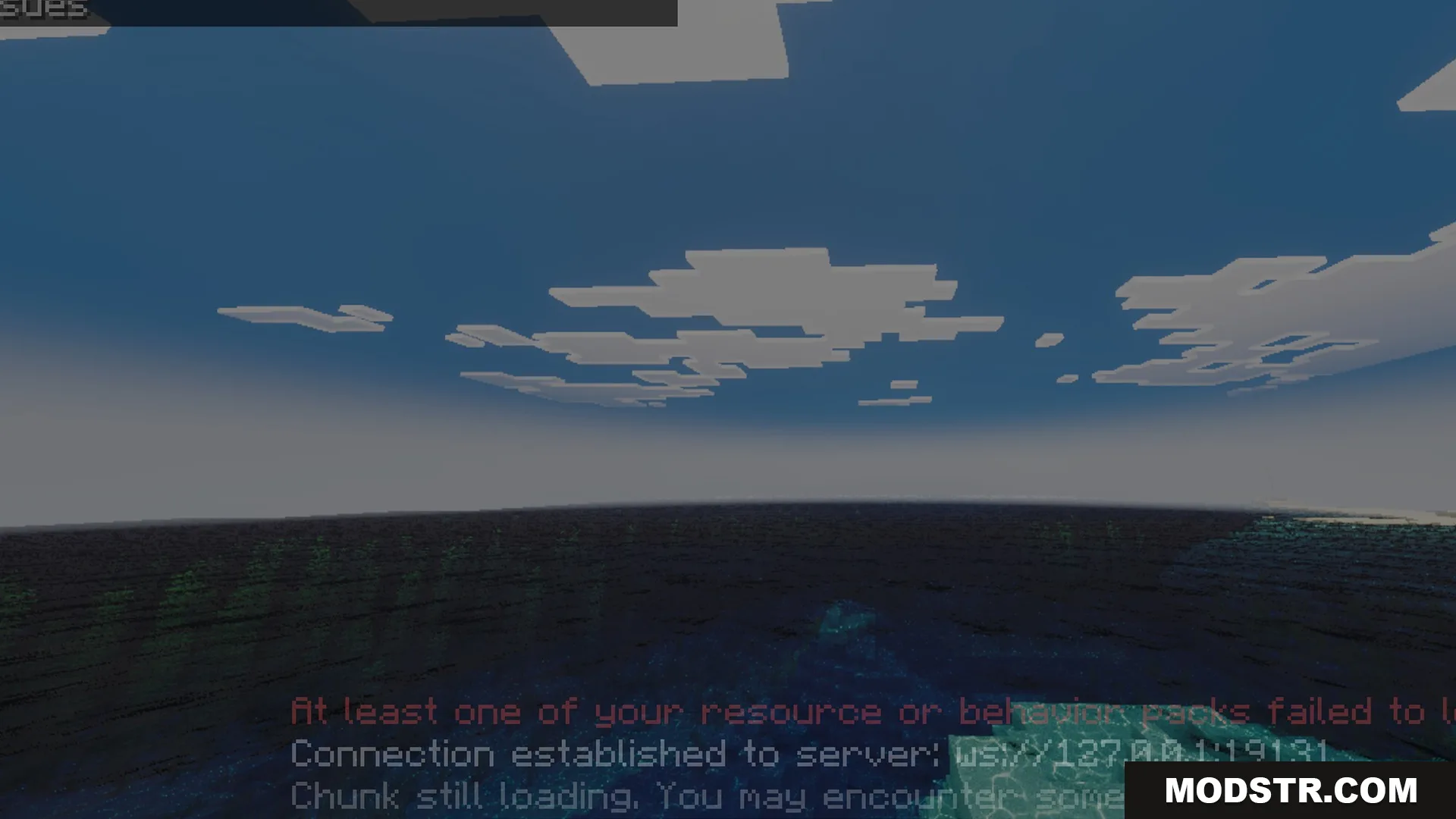 Mike's Chroma Visuals Shader Screenshot 1 A dark ocean scene with server connection and resource pack error messages