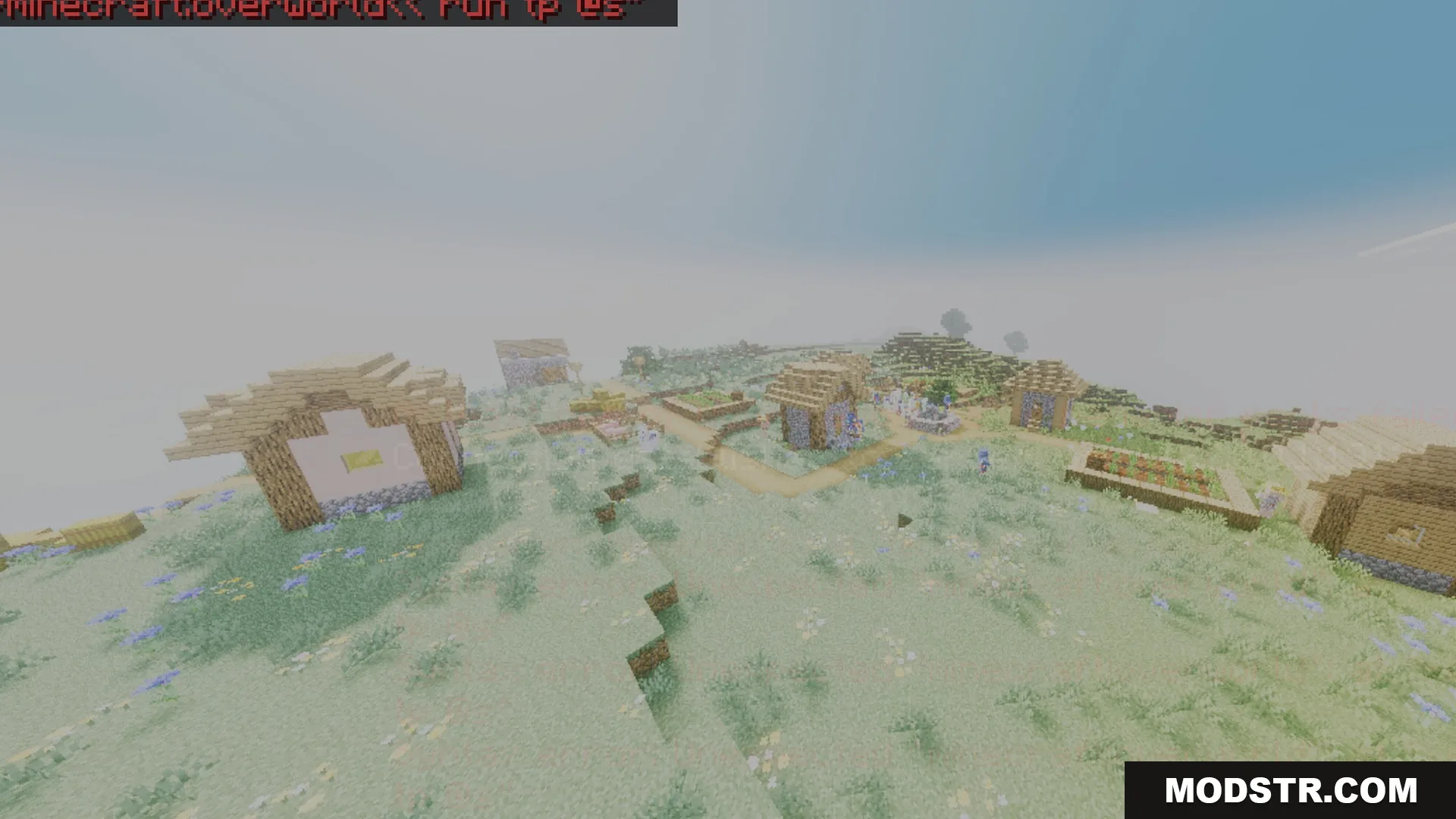 Mike's Chroma Visuals Shader Screenshot 4 A peaceful village with wooden houses and farms on a grassy plain