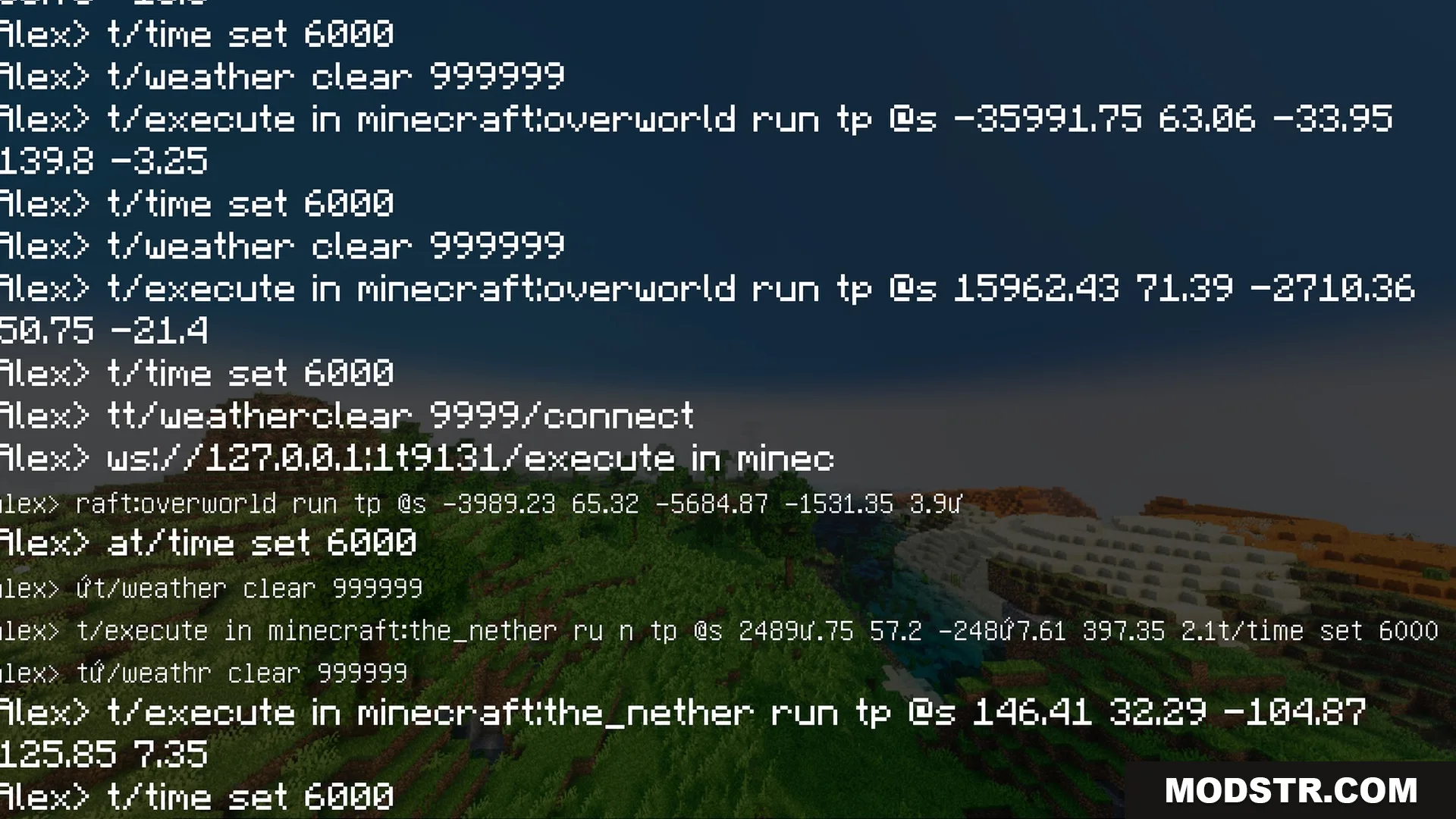Mike's Chroma Visuals Shader Screenshot 9 Minecraft chat interface showing teleport and weather commands over a forest biome