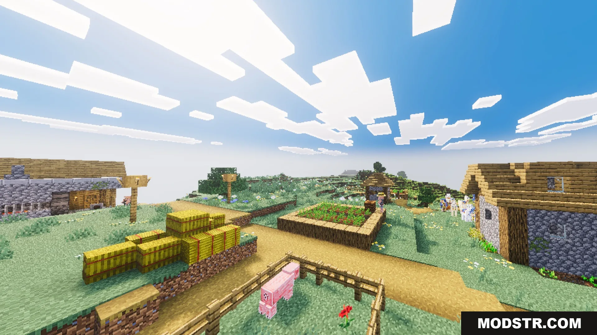 Mike's Chroma Visuals Shader Screenshot 6 Vibrant village scene featuring hay bales and a pink sheep in a pen