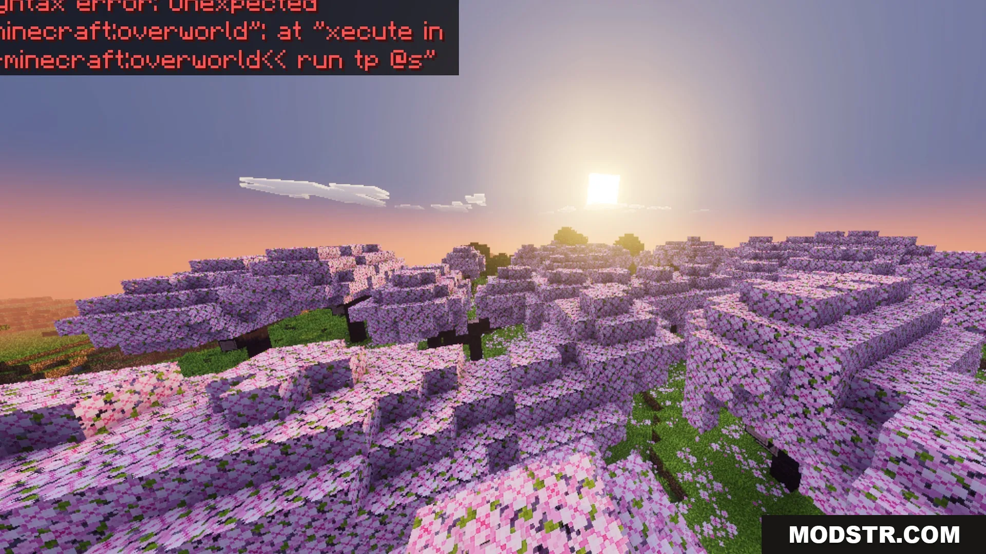 Mike's Chroma Visuals Shader Screenshot 2 Vibrant pink cherry blossom trees under a bright sunset with cinematic lighting