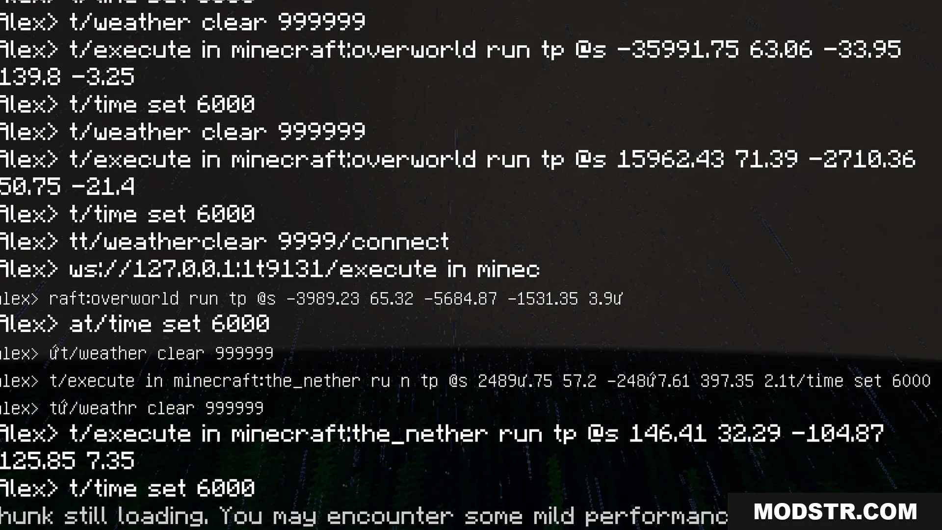 Mike's Chroma Visuals Shader Screenshot 10 Performance warning message and console commands displayed over a vibrant Minecraft landscape