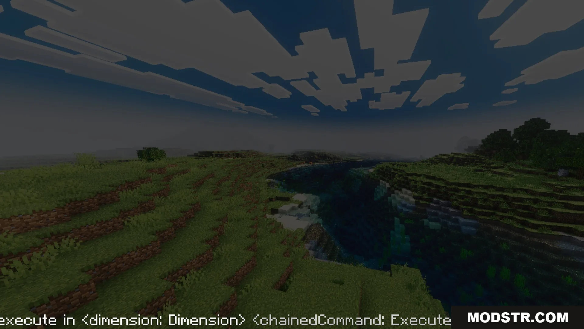 Mike's Chroma Visuals Shader Screenshot 5 A dark Minecraft landscape with a river under a deep blue night sky