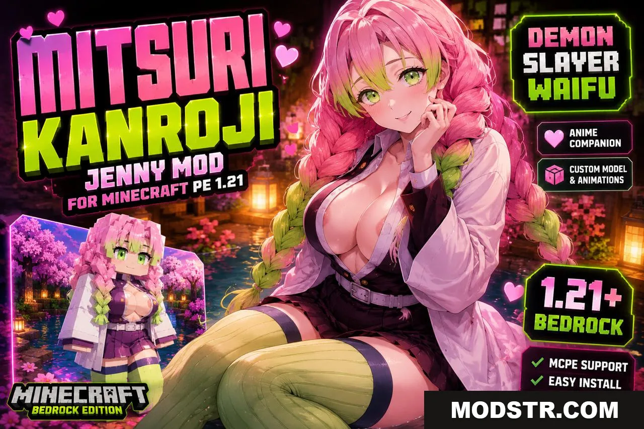 Mitsuri Kanroji Jenny Mod for Minecraft PE 1.21 – Demon Slayer Bedrock Addon cover art
