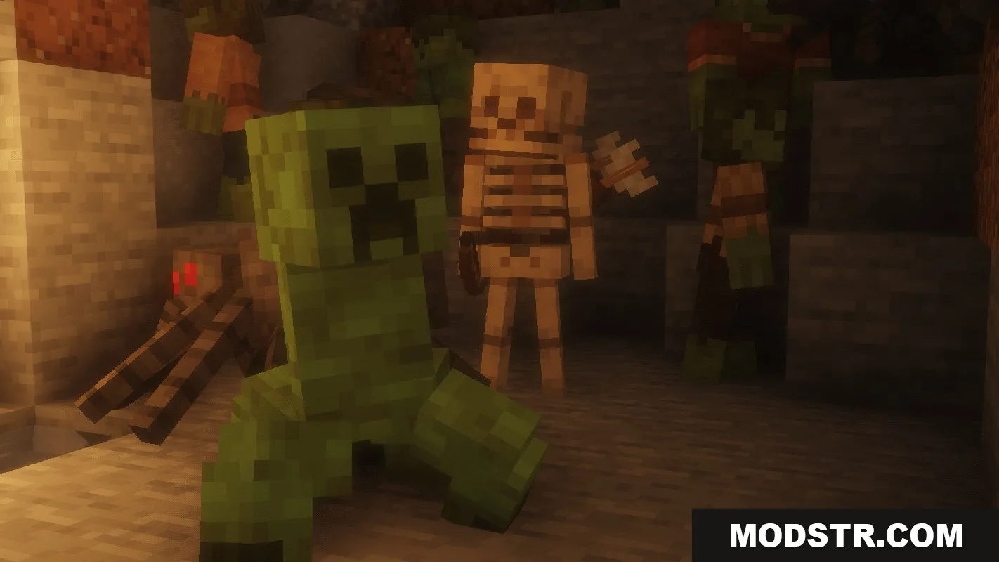 A group of classic Minecraft monsters gather inside a dimly lit stone cave