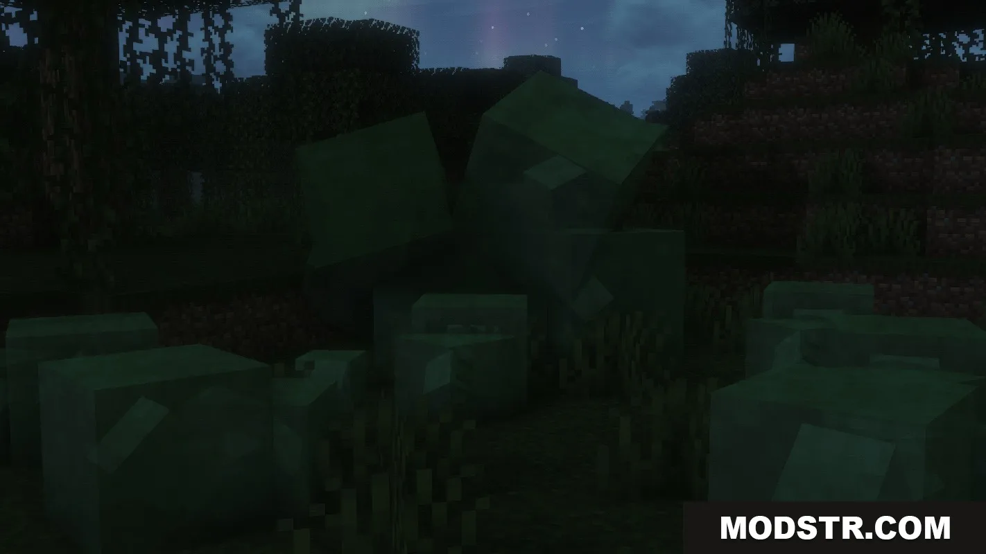 A group of green slimes bouncing in a dark swamp at night