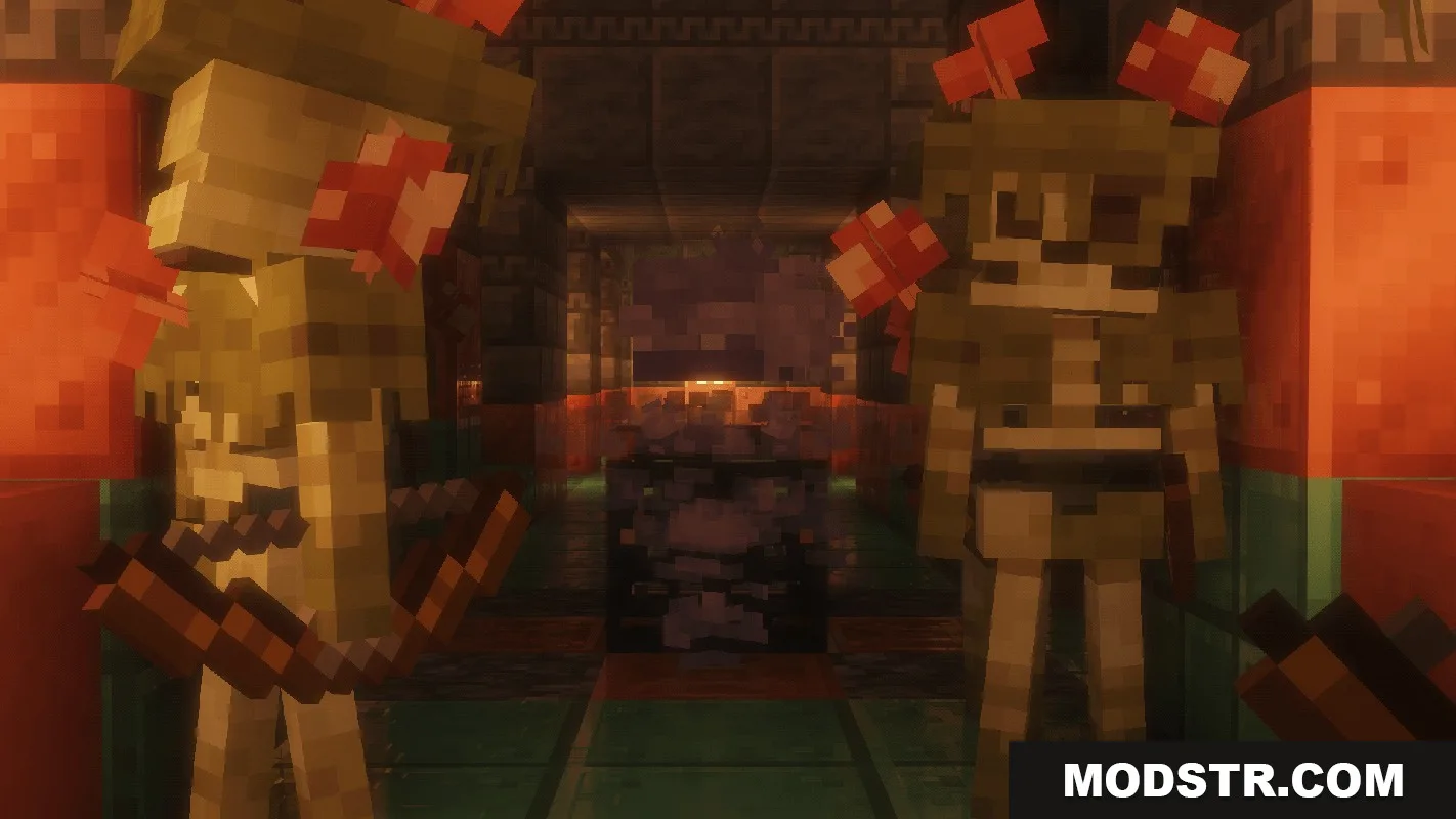 Two Bogged skeletons standing in a trial chamber near a mob spawner