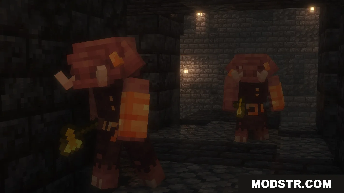 Two Piglins walking through a dark stone brick corridor with golden axes