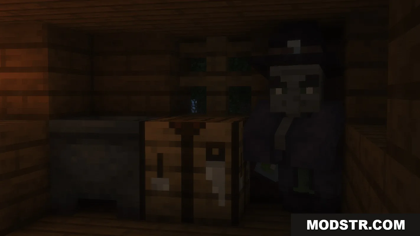 A witch standing inside a wooden hut near a cauldron and crafting table