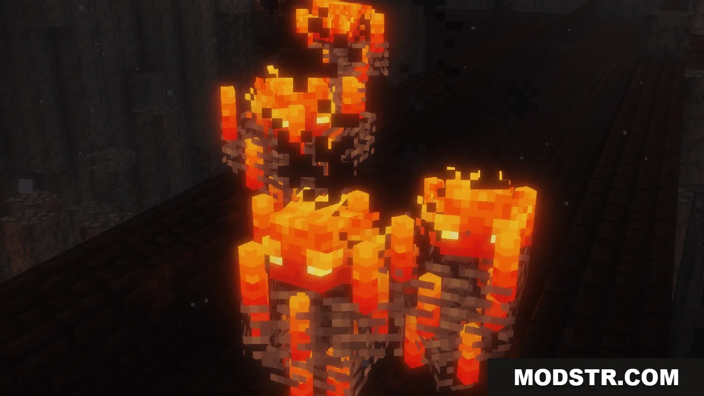 A group of Blazes floating and glowing in a dark underground area