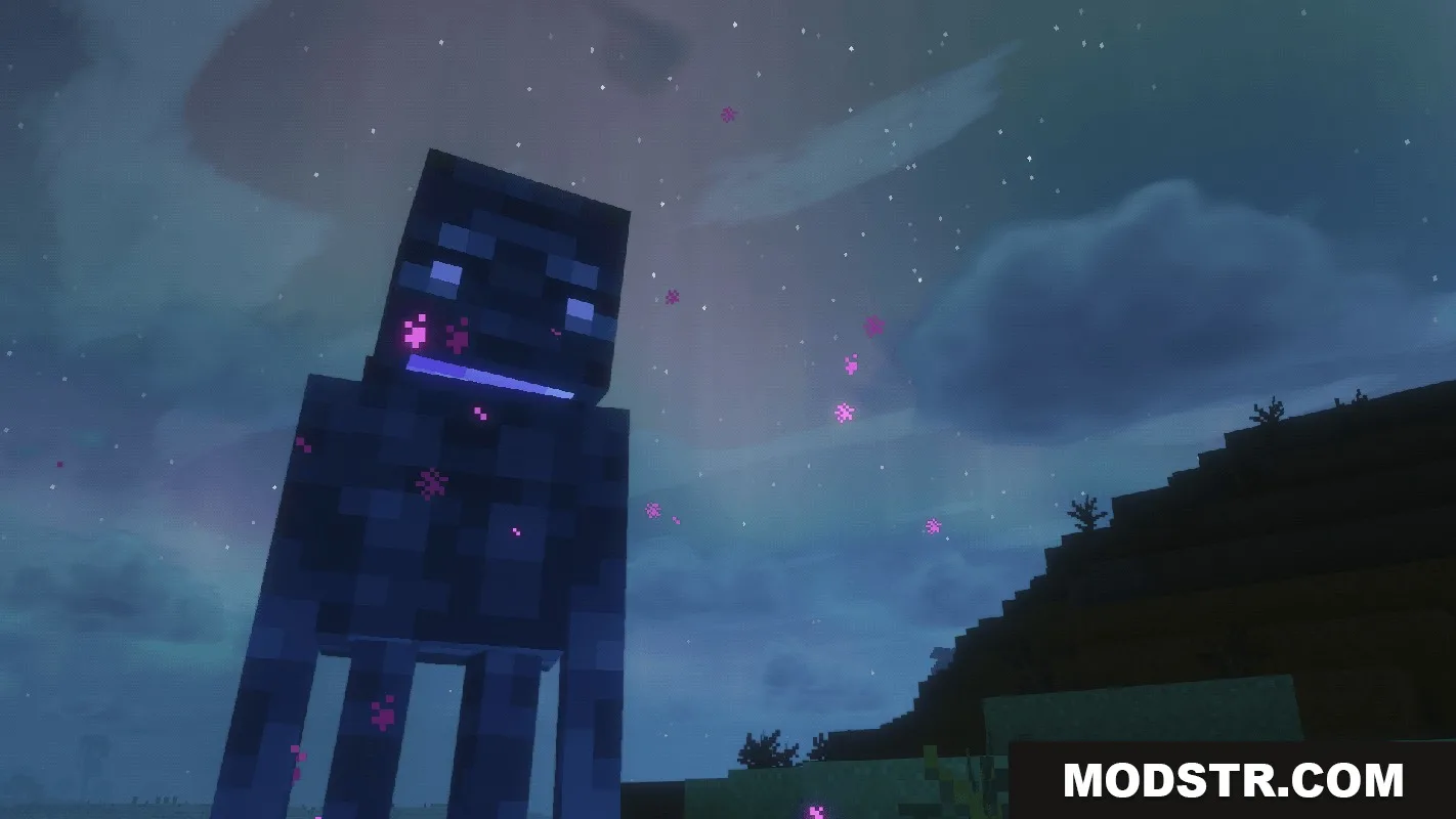 A tall Enderman stands under a starry night sky with glowing purple particles