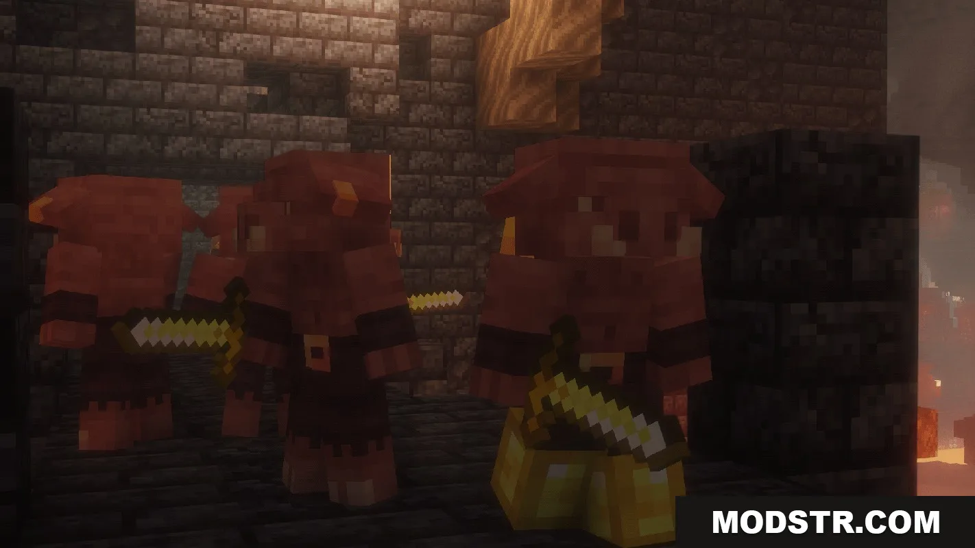 A group of Piglins holding golden swords inside a dark stone structure