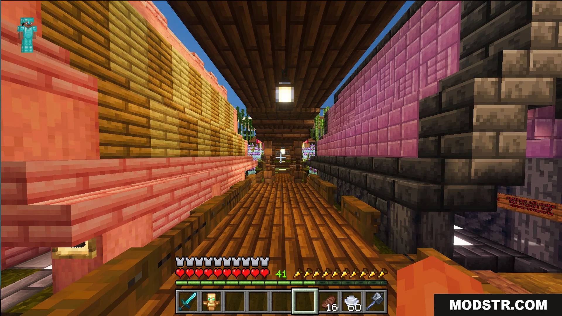 Modern Kit Pvp Practice Map Screenshot 7 First person view of a wooden walkway between pink and orange walls