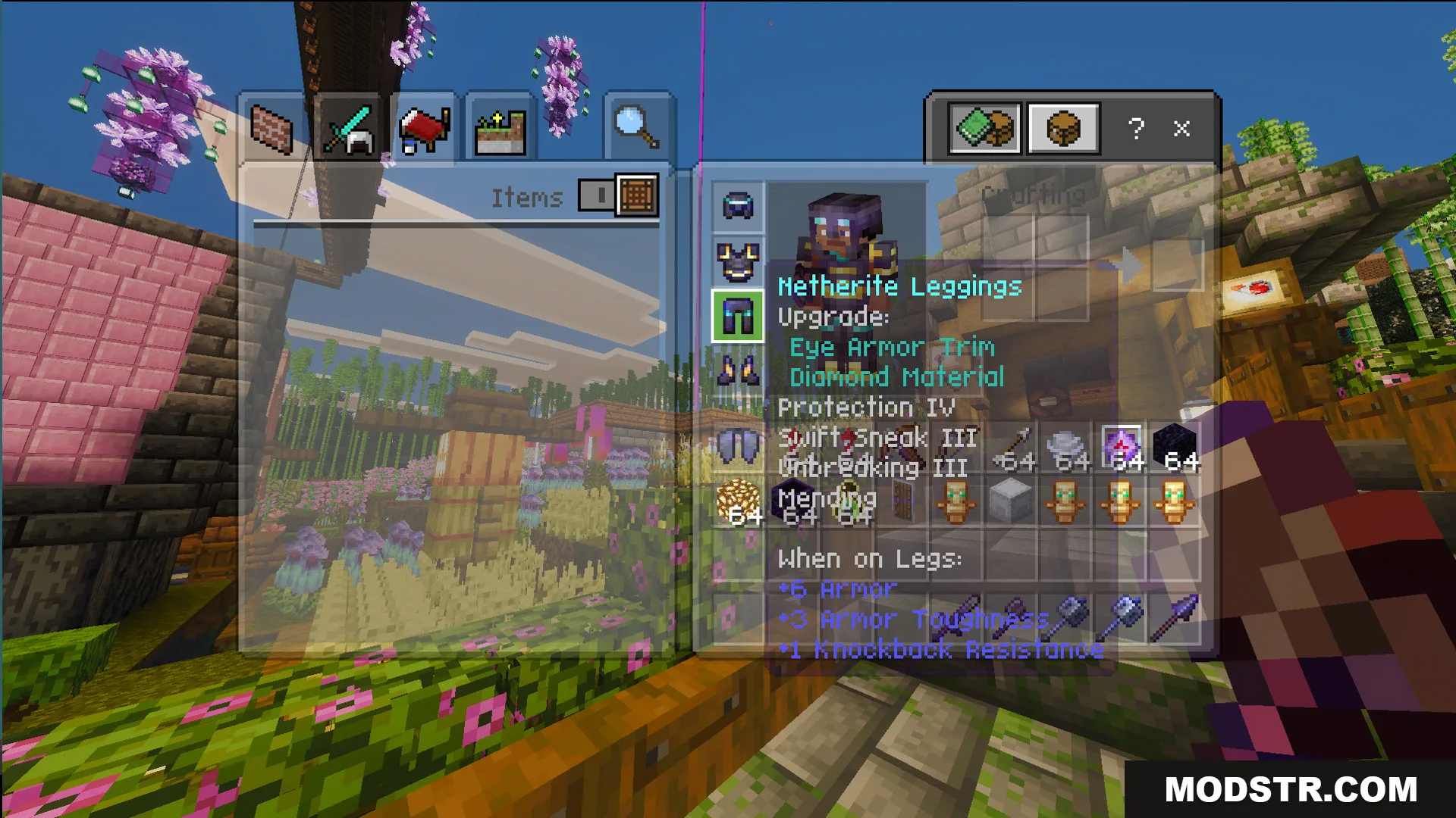 Modern Kit Pvp Practice Map Screenshot 4 Inventory screen showing enchanted netherite leggings with eye armor trim and totems