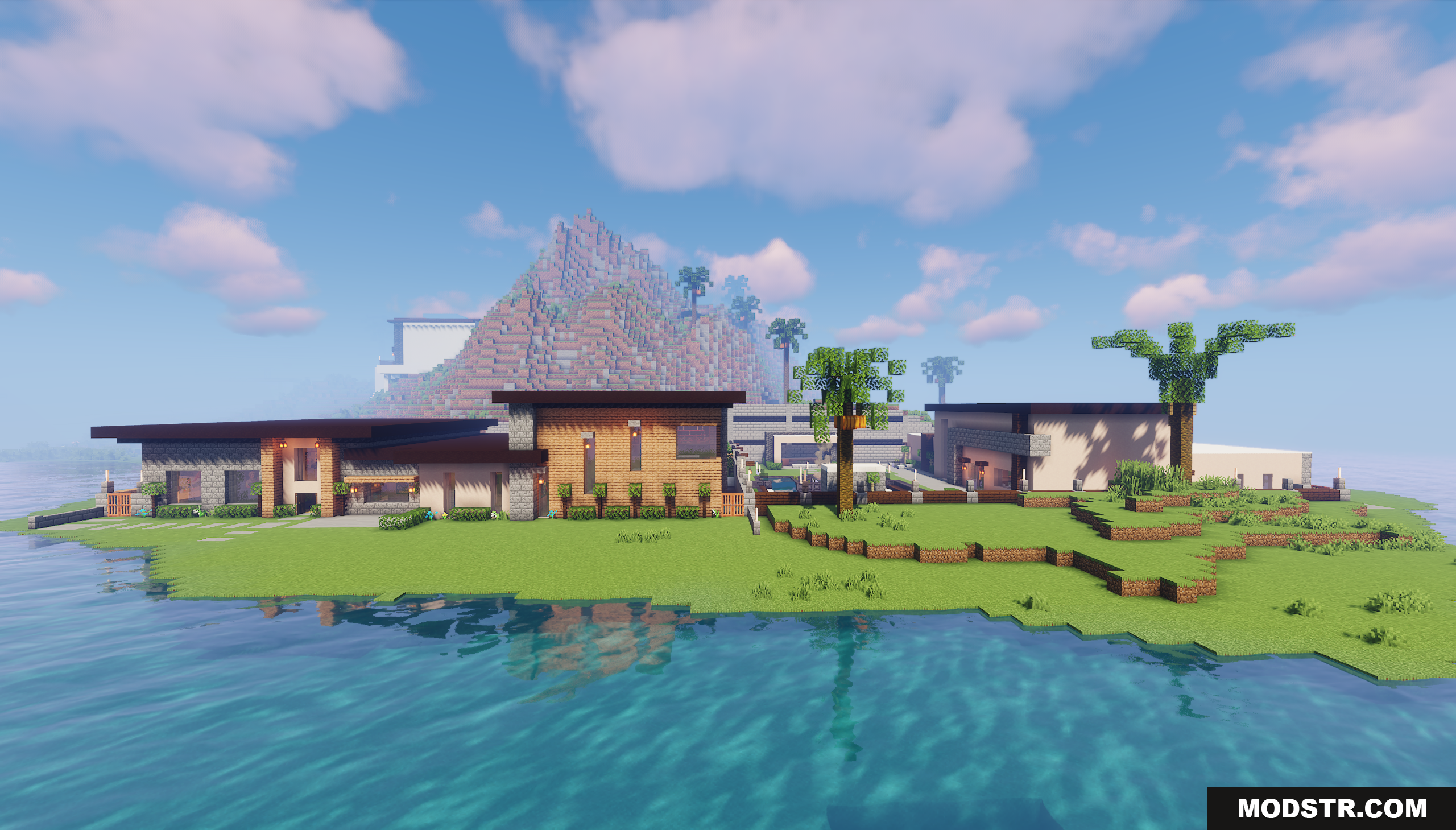 Wide view of modern houses on a private island map