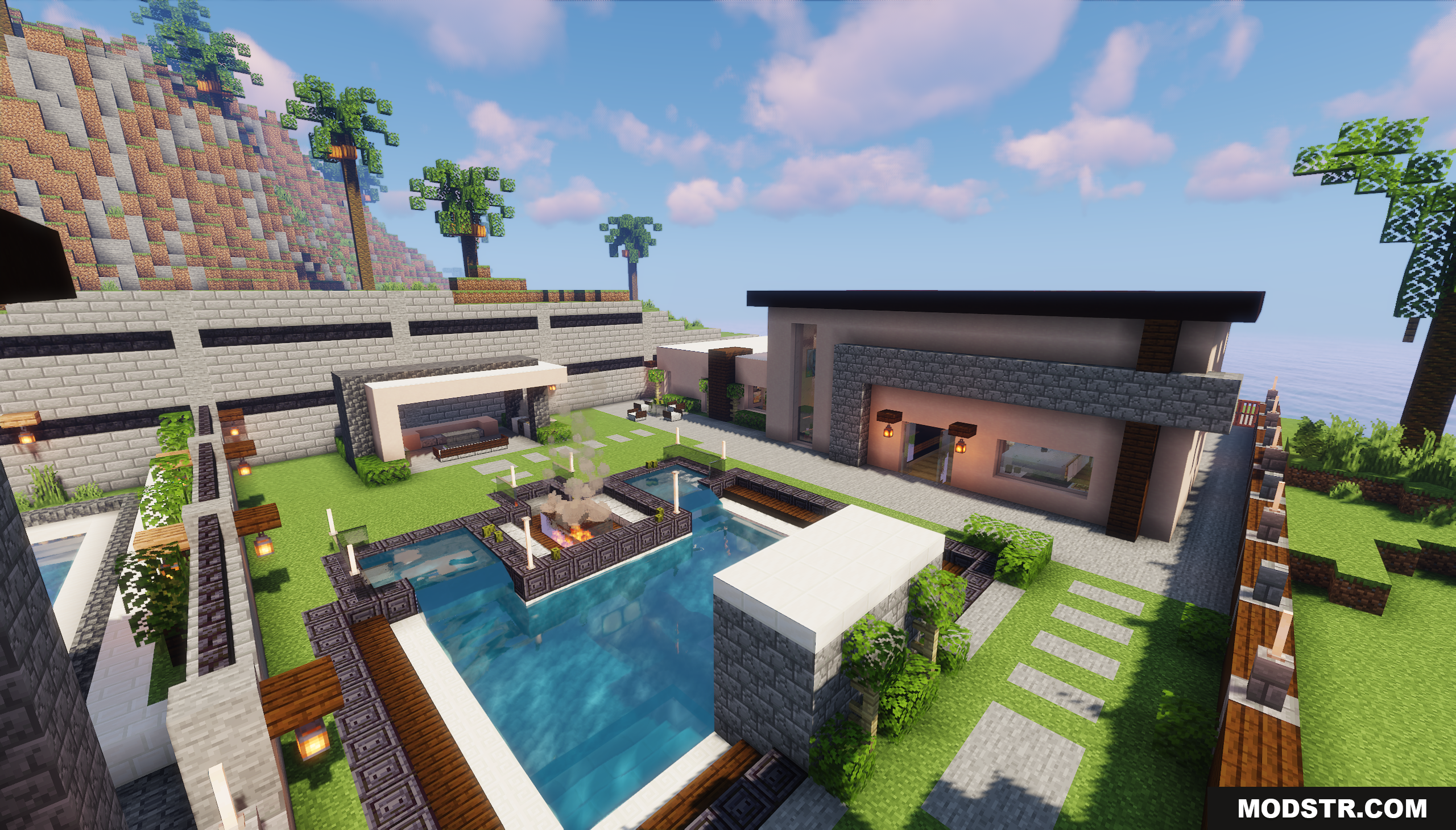 Detailed backyard of a modern home featuring a swimming pool