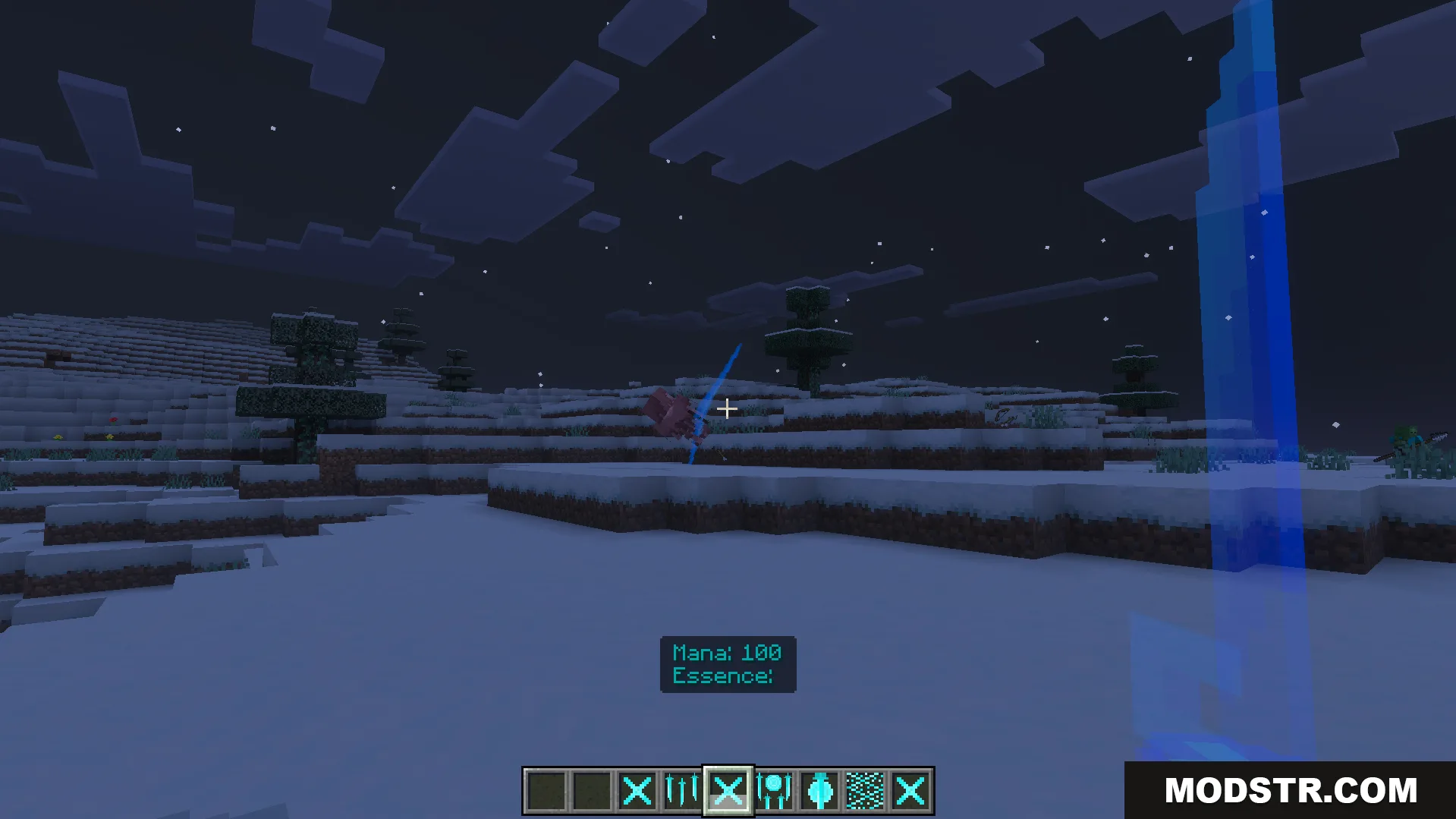 Moonblade Magic Addon Screenshot 8 Casting a blue magical slash at a pig in a snowy biome