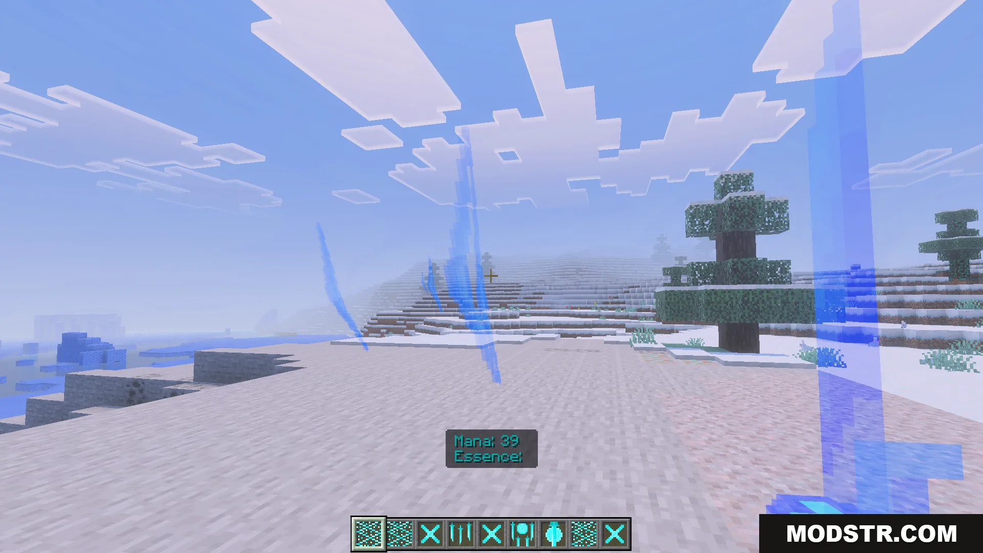 Moonblade Magic Addon Screenshot 6 First person view showing magic slashes and custom skill icons in the hotbar