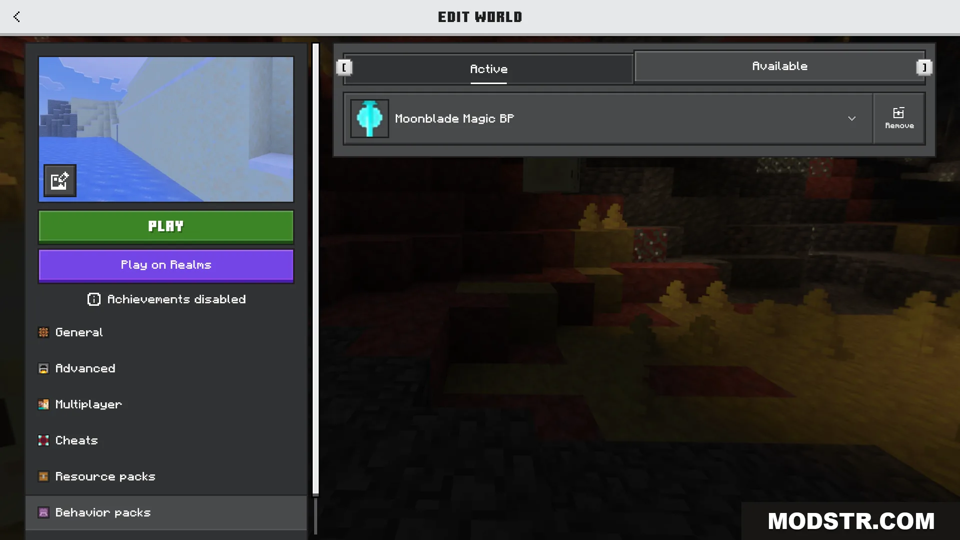 Moonblade Magic Addon Screenshot 1 Minecraft world settings menu showing the active Moonblade Magic behavior pack
