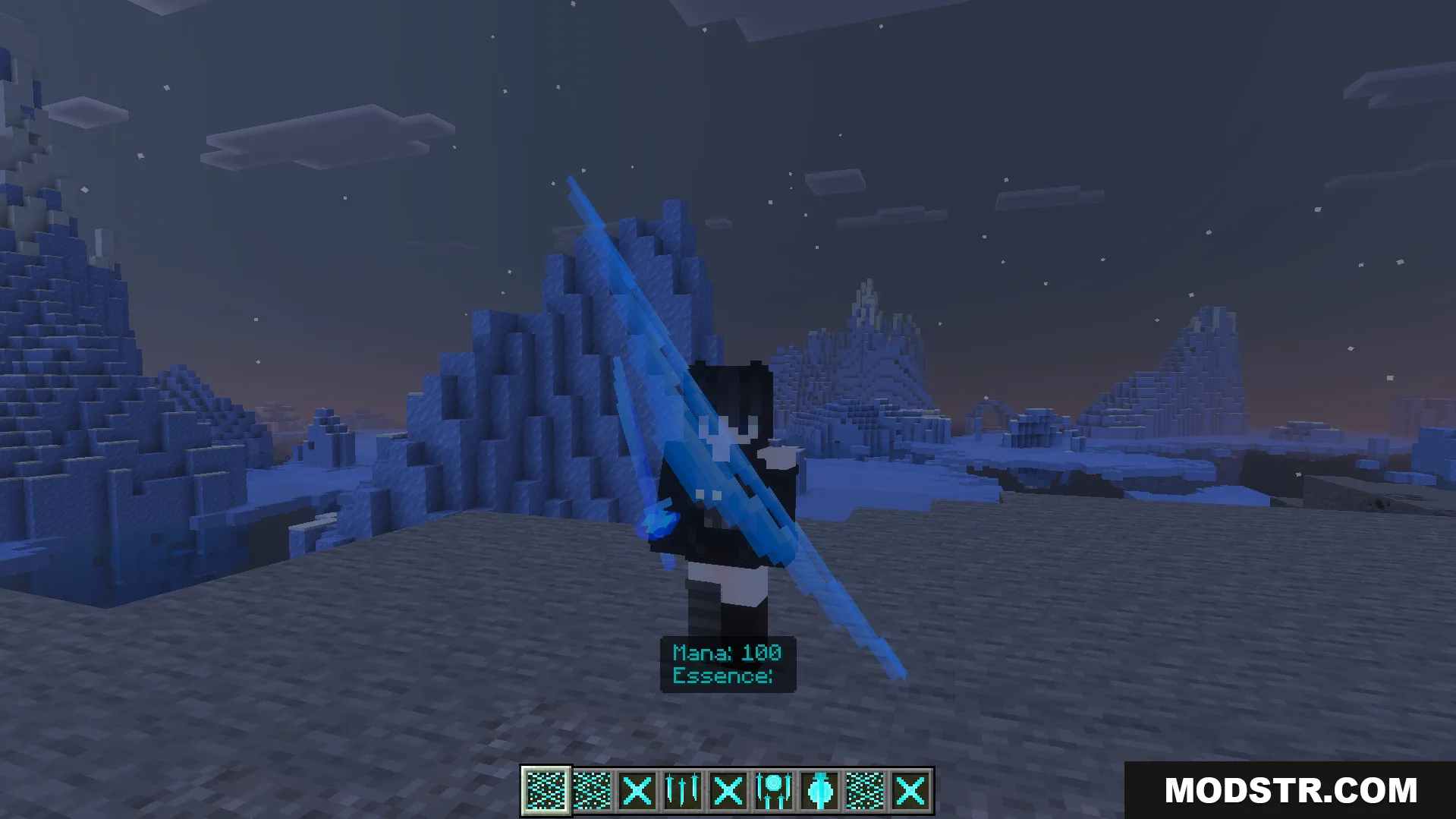 Moonblade Magic Addon Screenshot 7 Player wielding large blue magical blades with custom mana and essence bars