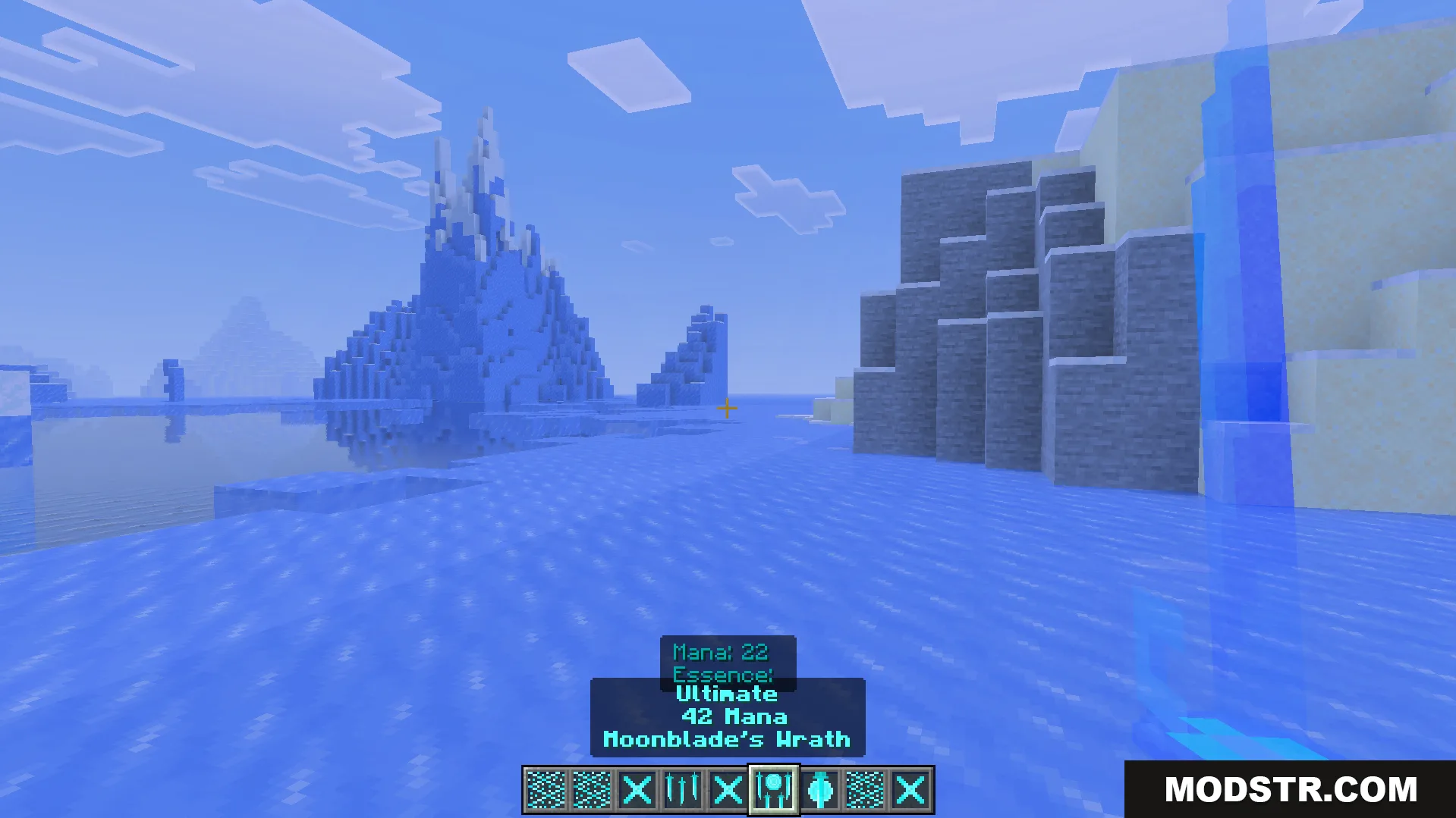 Moonblade Magic Addon Screenshot 4 Selecting the ultimate magic skill while exploring a frozen ocean biome with icebergs