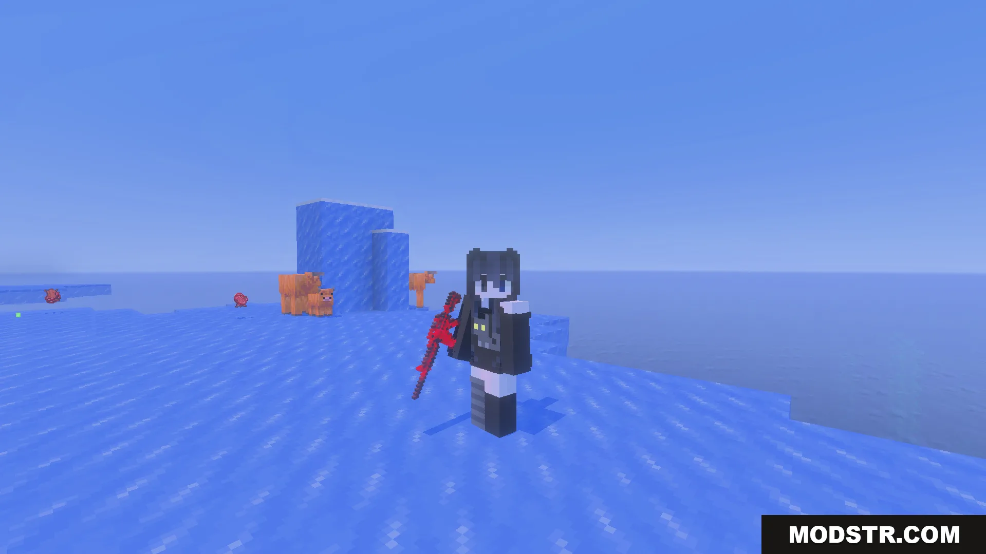 More Gun Classic Addon Screenshot 8 Player character holding a red sniper weapon in ice biome