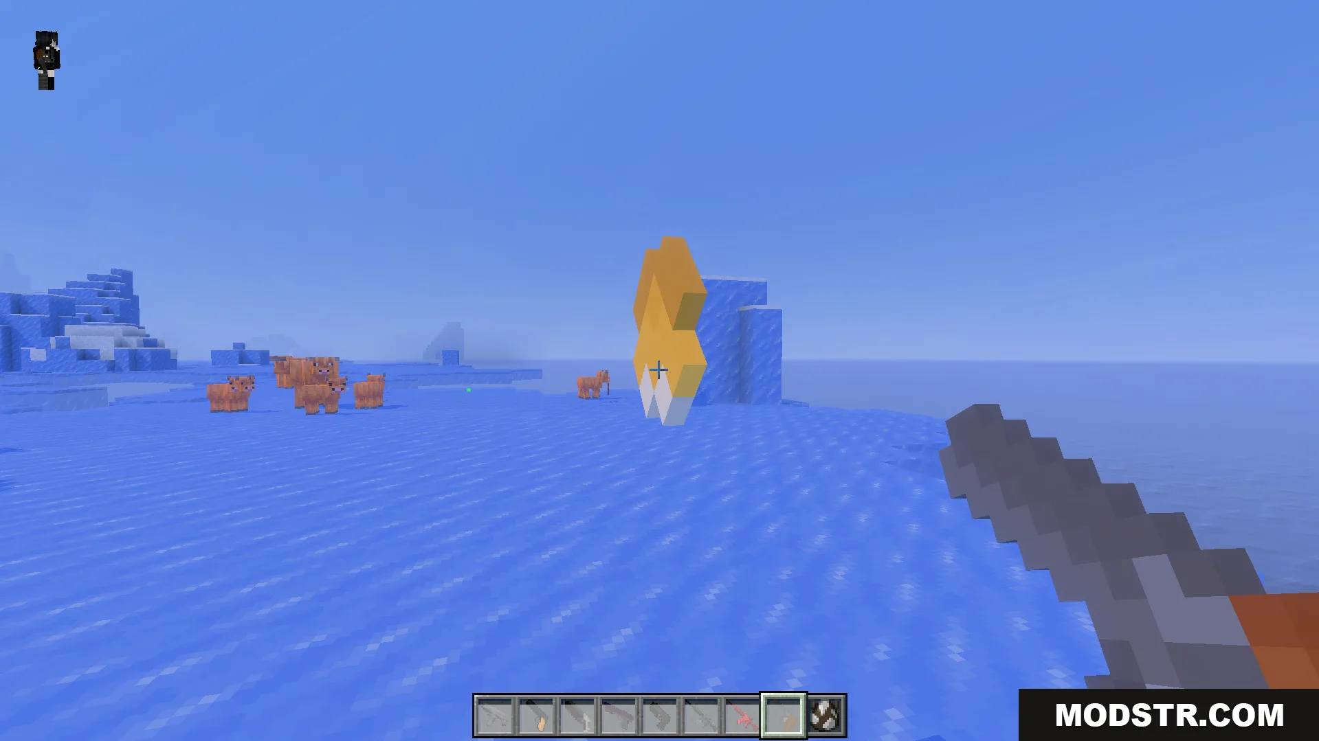 More Gun Classic Addon Screenshot 5 Player uses a blocky handgun to shoot an explosive bomb at pigs
