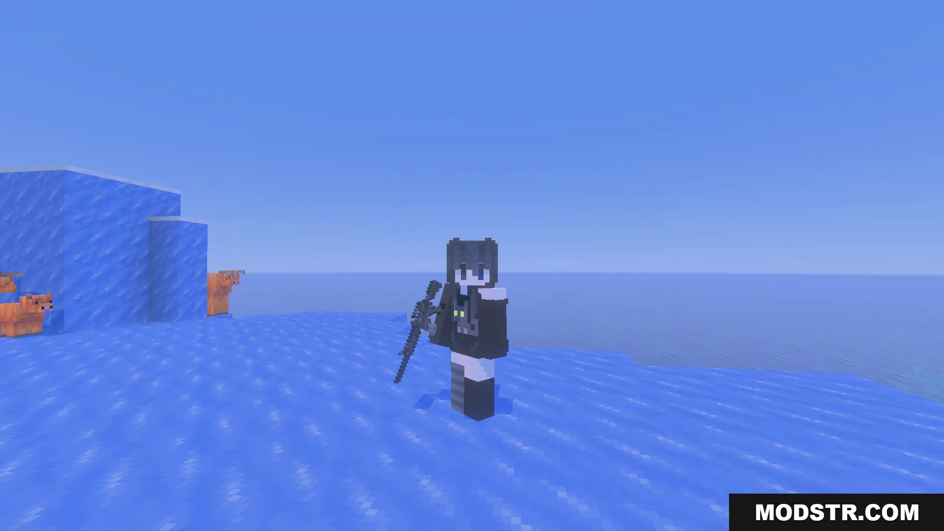 More Gun Classic Addon Screenshot 7 Player character holding a blocky machine gun in ice biome